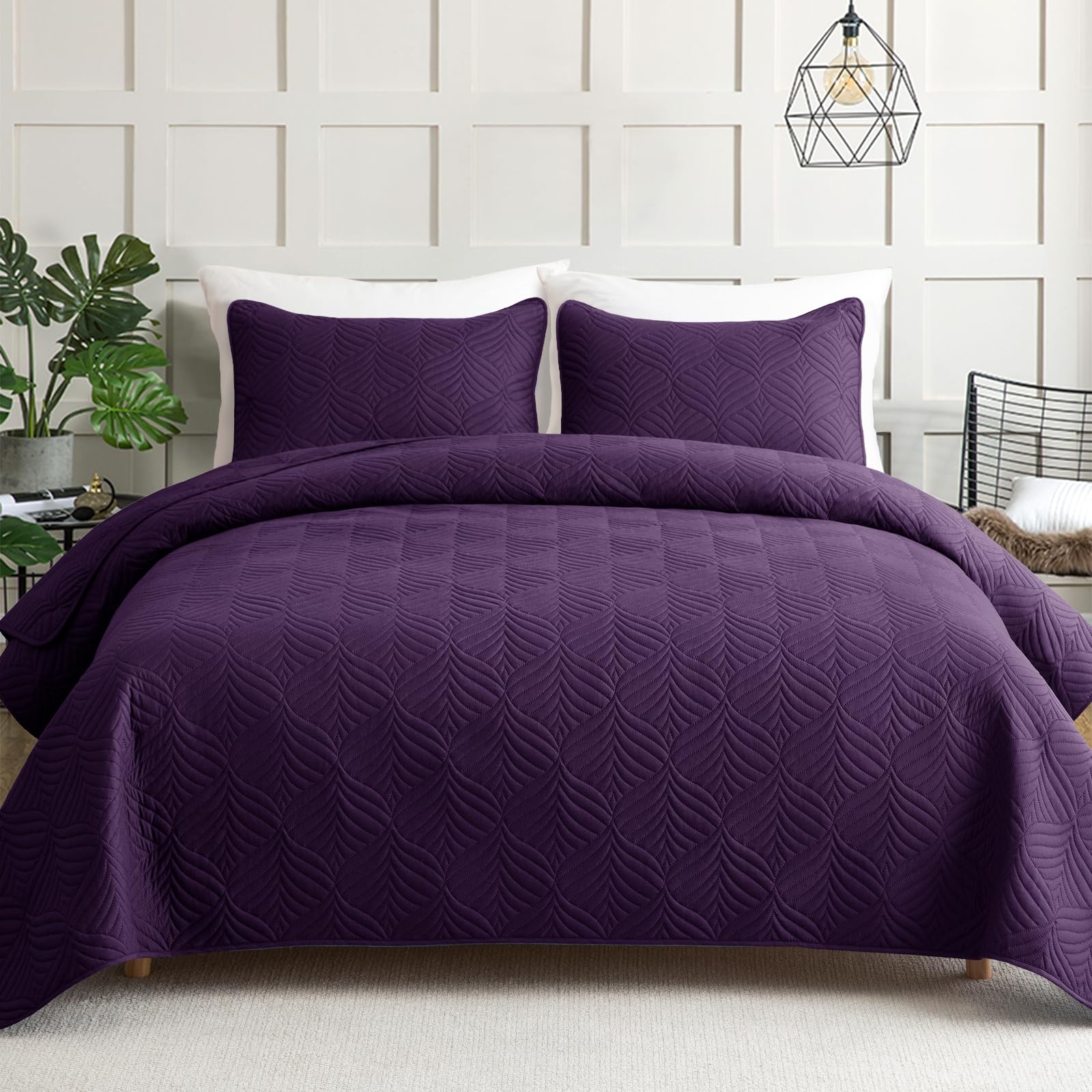 Whale Flotilla Quilts Queen Size - 3-Piece Soft Lightweight Modern Geometric Bedding Set | All-Season Purple Quilt, Coverlet & Bedspread | Perfect for Master Bedroom, Guest Room & Cozy Home Decor