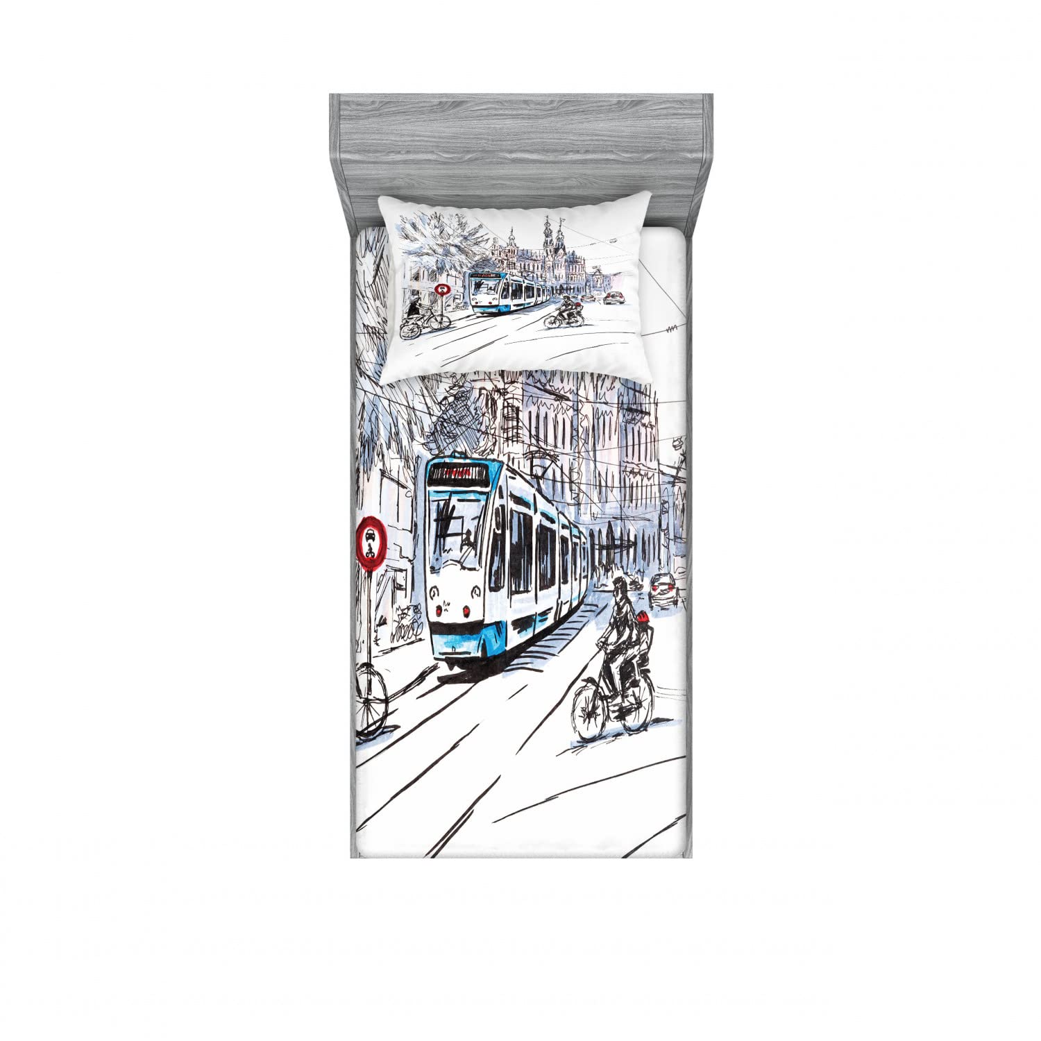 Ambesonne 2-Pack Twin Fitted Sheet & Pillow Sham Set - Amsterdam Cityscape Design, Blue Lilac White 4-Piece Bedding Set for Home Decor | Perfect for Guest Rooms, Dormitories & Cozy Bedroom Makeovers
