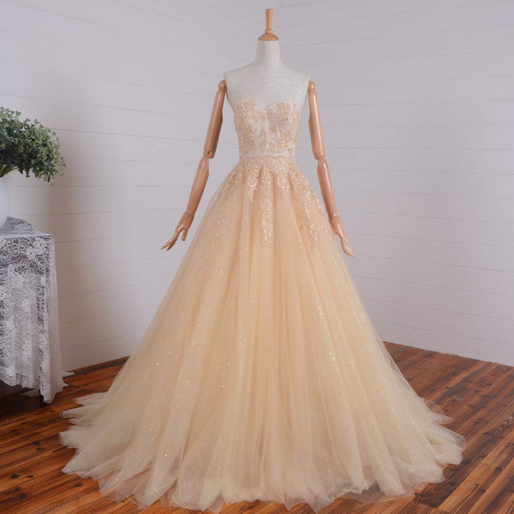 Kivary® Elegant Champagne Tulle A-Line Sweetheart Long Corset Lace Prom Evening Dress for Women - Perfect for Homecoming, Wedding Guest & Formal Events
