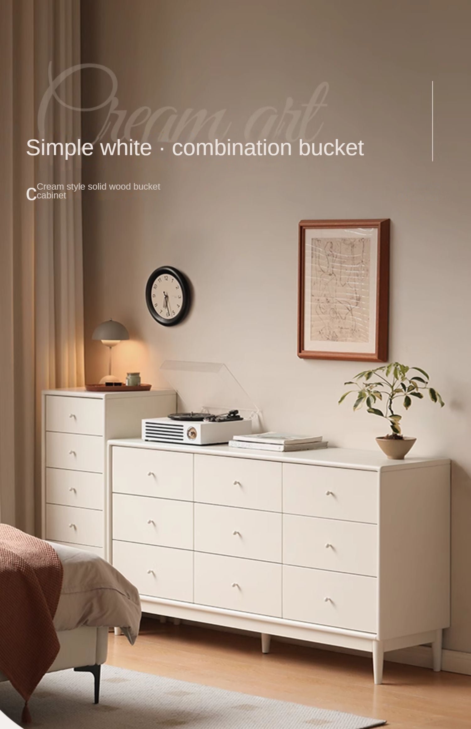 Solid Poplar Wood Chest of Drawers - Vintage Cream Storage Cabinet for Bedroom, Living Room & Office Organization