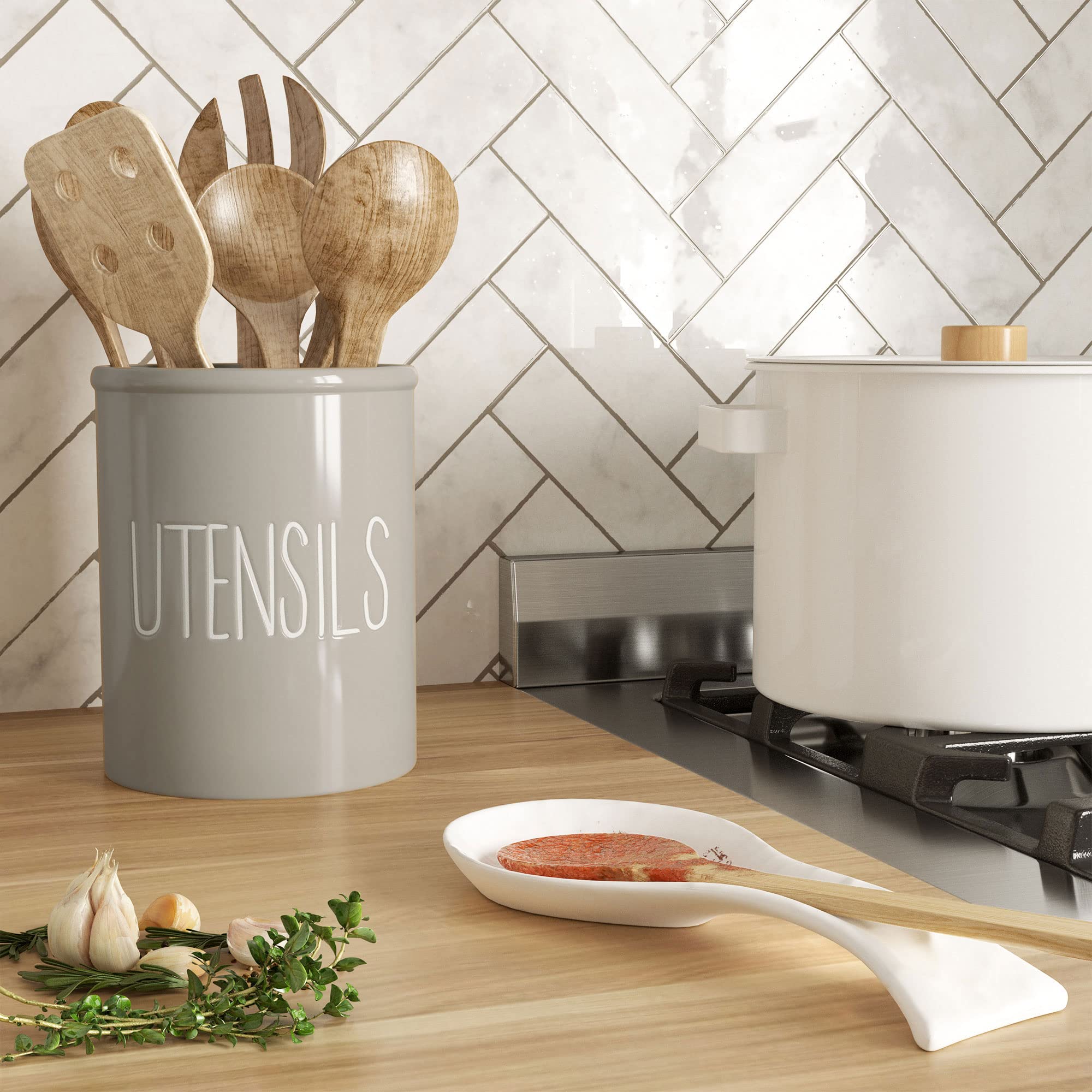 Farmhouse Ceramic Utensil Holder for Kitchen Countertop - Large 7