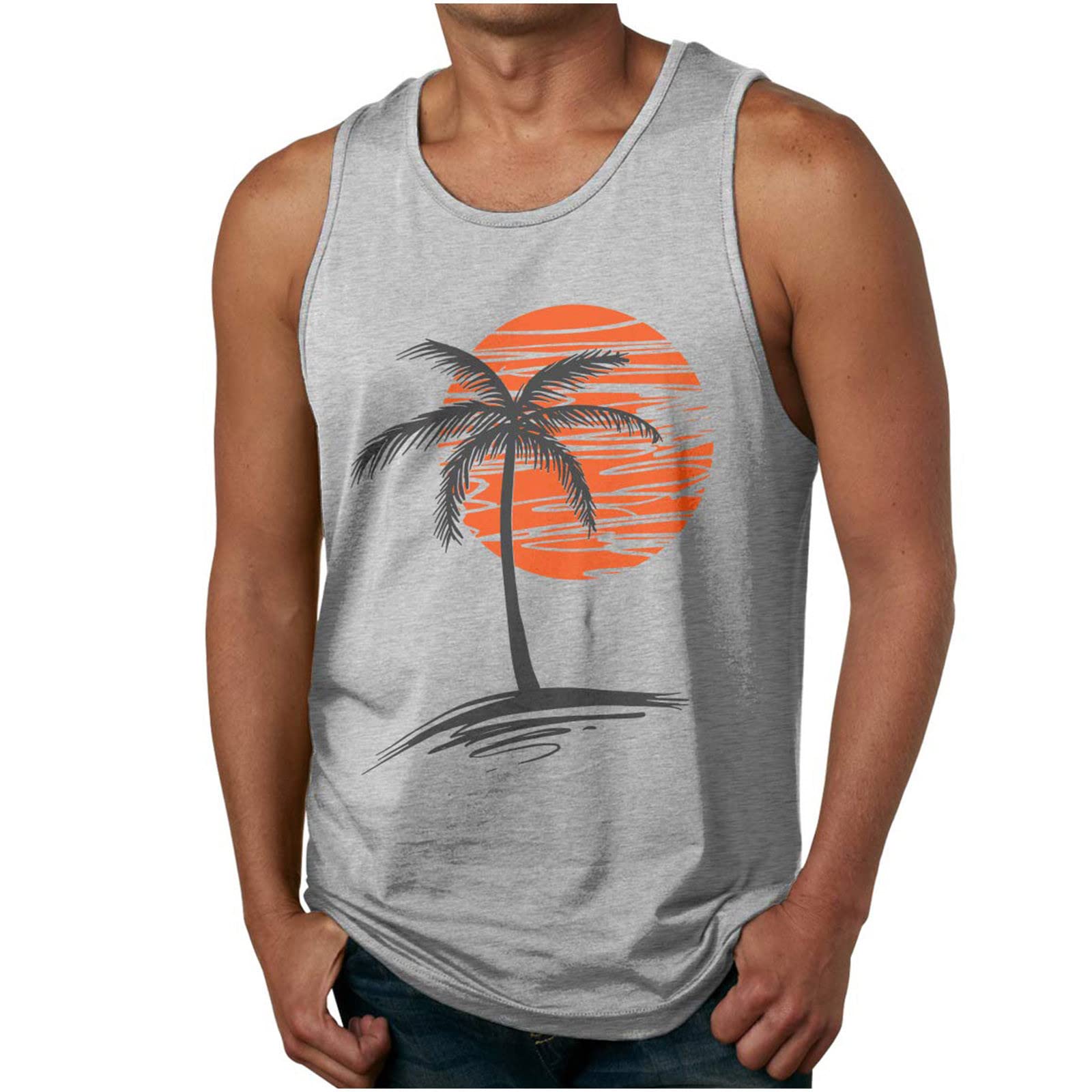 Men's 3D Printed Graphic Tank Top - Gym Workout & Casual Sleeveless Shirt with Sunset Beach Palm Tree Design - Perfect for Summer, Beach Vacation, Fitness Training & Outdoor Activities