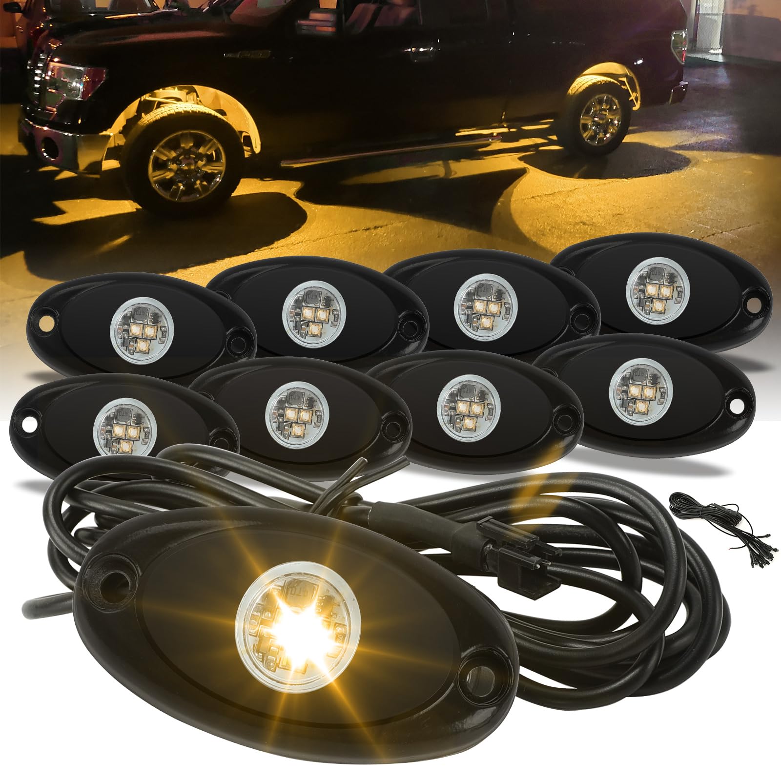 SUNPIE 8 Pods Quick Connect Amber Rock Lights - 4M Extension Wires, 3 High Power LED Chips, Rubber Mounting Pads, IP67 Waterproof for Trucks, Trailers, Cars, SUVs, ATVs, UTVs & Boats | Off-Road, Underbody & Marine Lighting