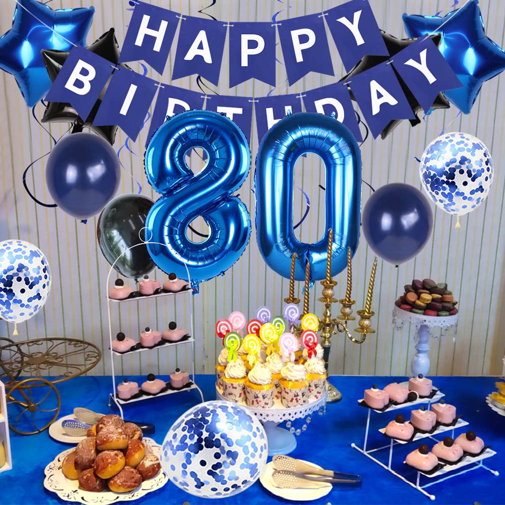 80th Birthday Party Decorations for Men - Blue Happy Birthday Banner, Number 80 Foil Balloon & Backdrop Set - Perfect for 80th Anniversary Celebrations, Milestone Birthday Parties & Retirement Decorations