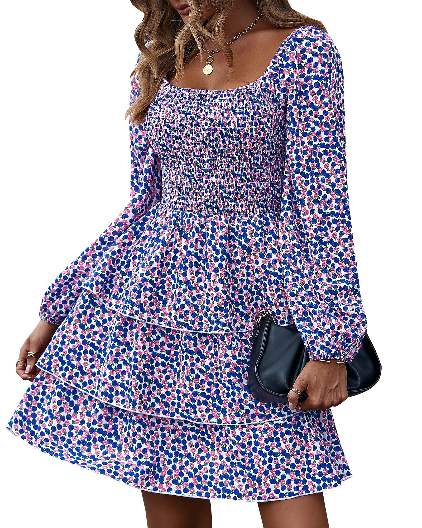 BTFBM Women's Floral Swiss Dot Boho Mini Dress - Square Neck Smocked Long Sleeve for Spring Summer 2025 | Perfect for Wedding Guest, Garden Party & Casual Outings