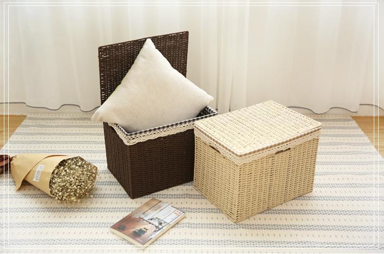 Large Deep Brown & Cream Woven Straw Storage Basket with Cover - Rectangle Toy & Clothes Organizer for Home, Nursery, or Office Decor