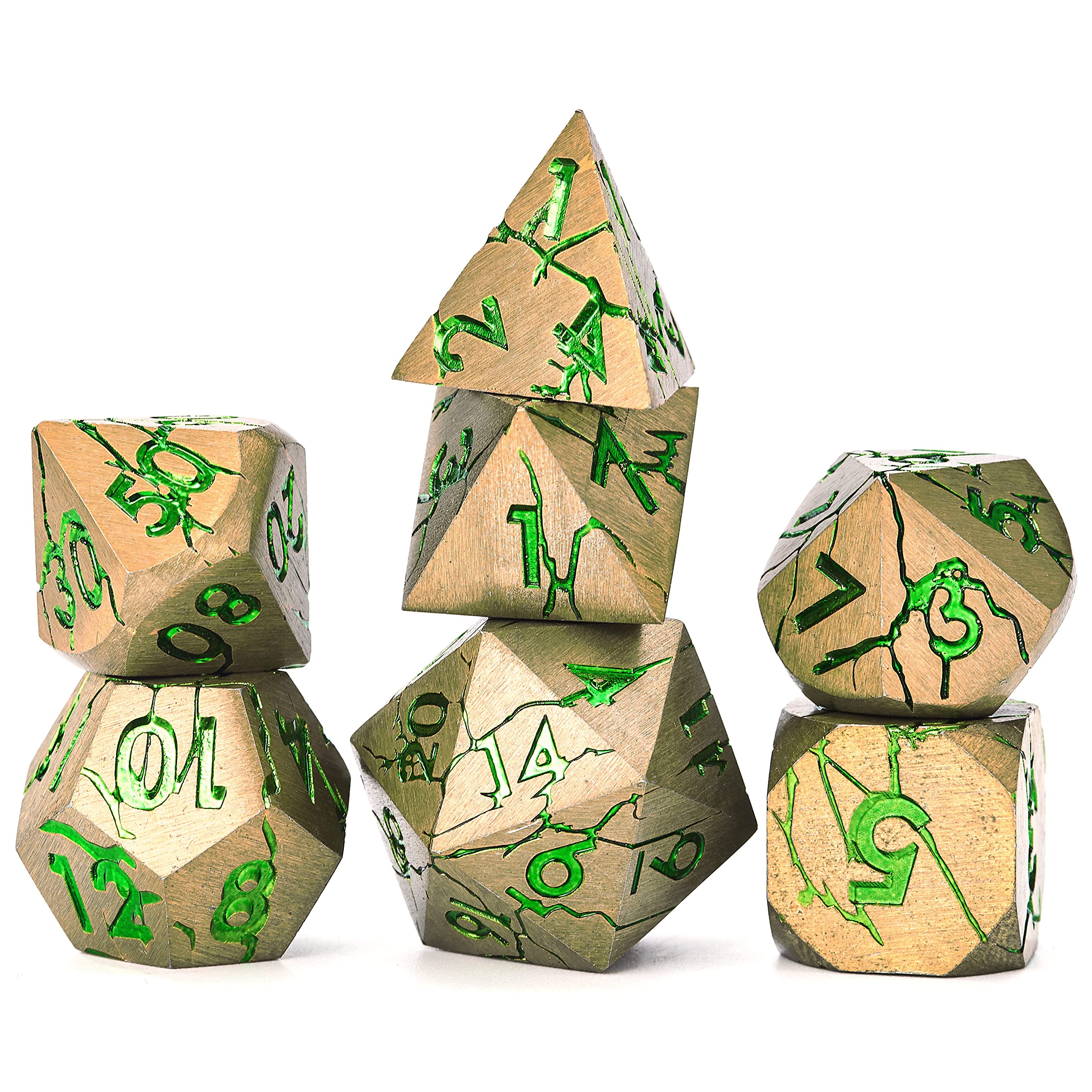 Premium DND Metal Dice Set - Pharaoh Ruins Gold with Green Cracks - 7-Piece Polyhedral Dice for Dungeons & Dragons, Pathfinder, RPG Games - Perfect for Tabletop Gaming, Gift Giving & Collector's Display