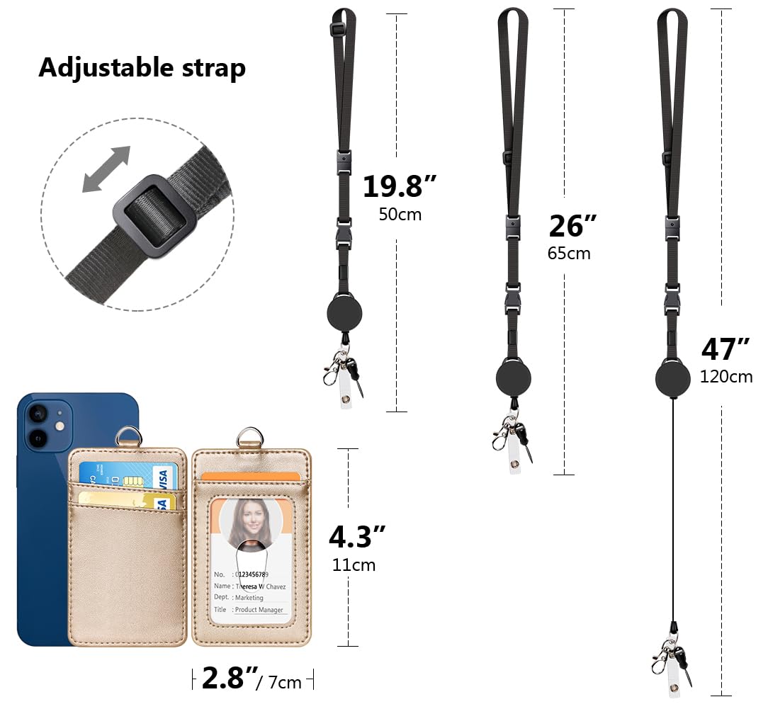 Leather Badge Holder with Retractable Lanyard - Office ID Card Holder for Employees & Students