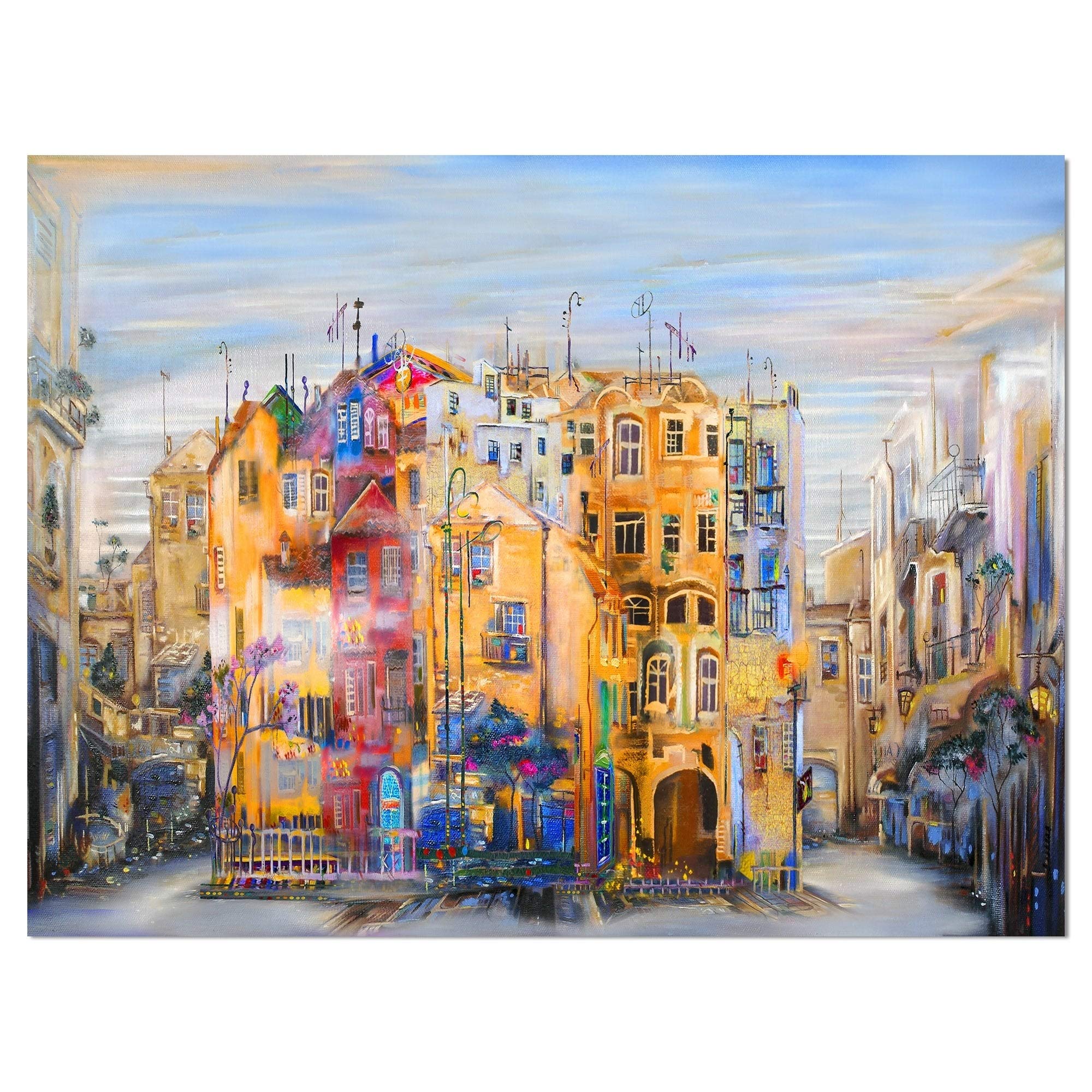 Designart 'City Mood Colorful Houses' Canvas Wall Art Print - 12x8 Inch Blue Urban Landscape Painting for Living Room & Bedroom Decor