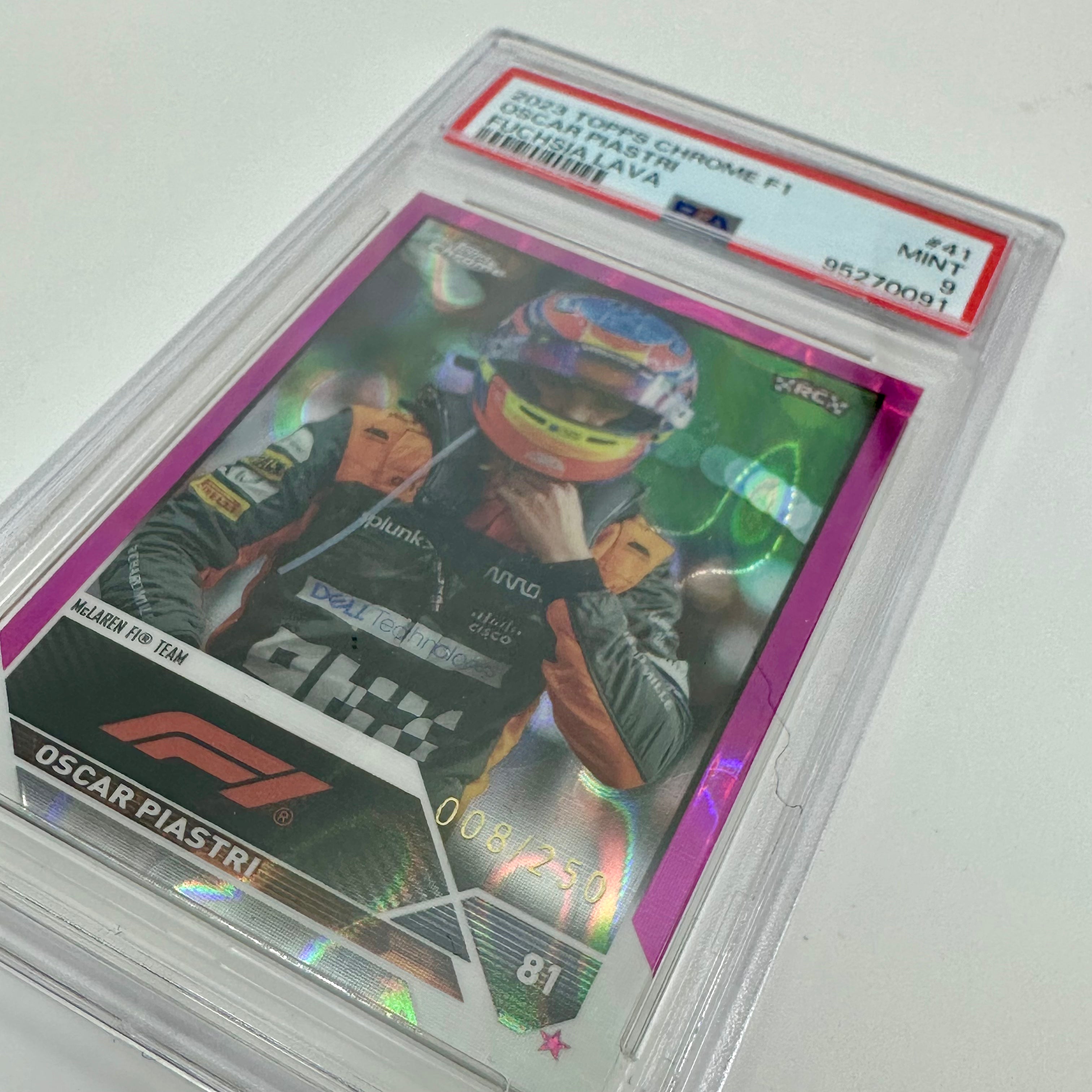 PSA 9 Oscar Piastri #41 Fuchsia Lava 2023 Topps Chrome F1 Rookie Card 008/250 - Collectible Racing Memorabilia for F1 Fans & Sports Card Investors - Perfect for Display, Trading, and Portfolio Diversification