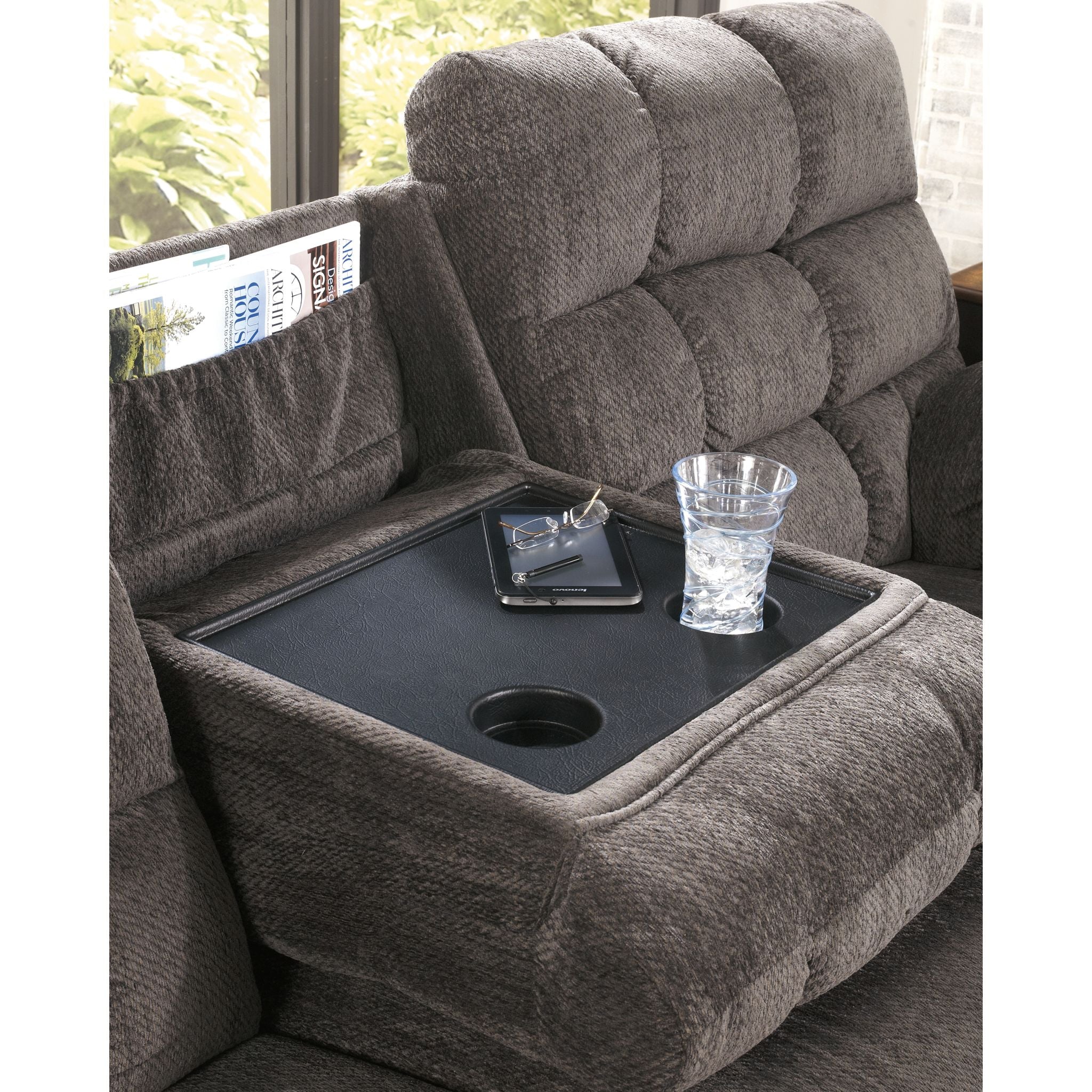 Acieona Dual Reclining Sofa with Drop Down Table in Slate Gray - Perfect for Living Room, Home Theater, and Family Gatherings