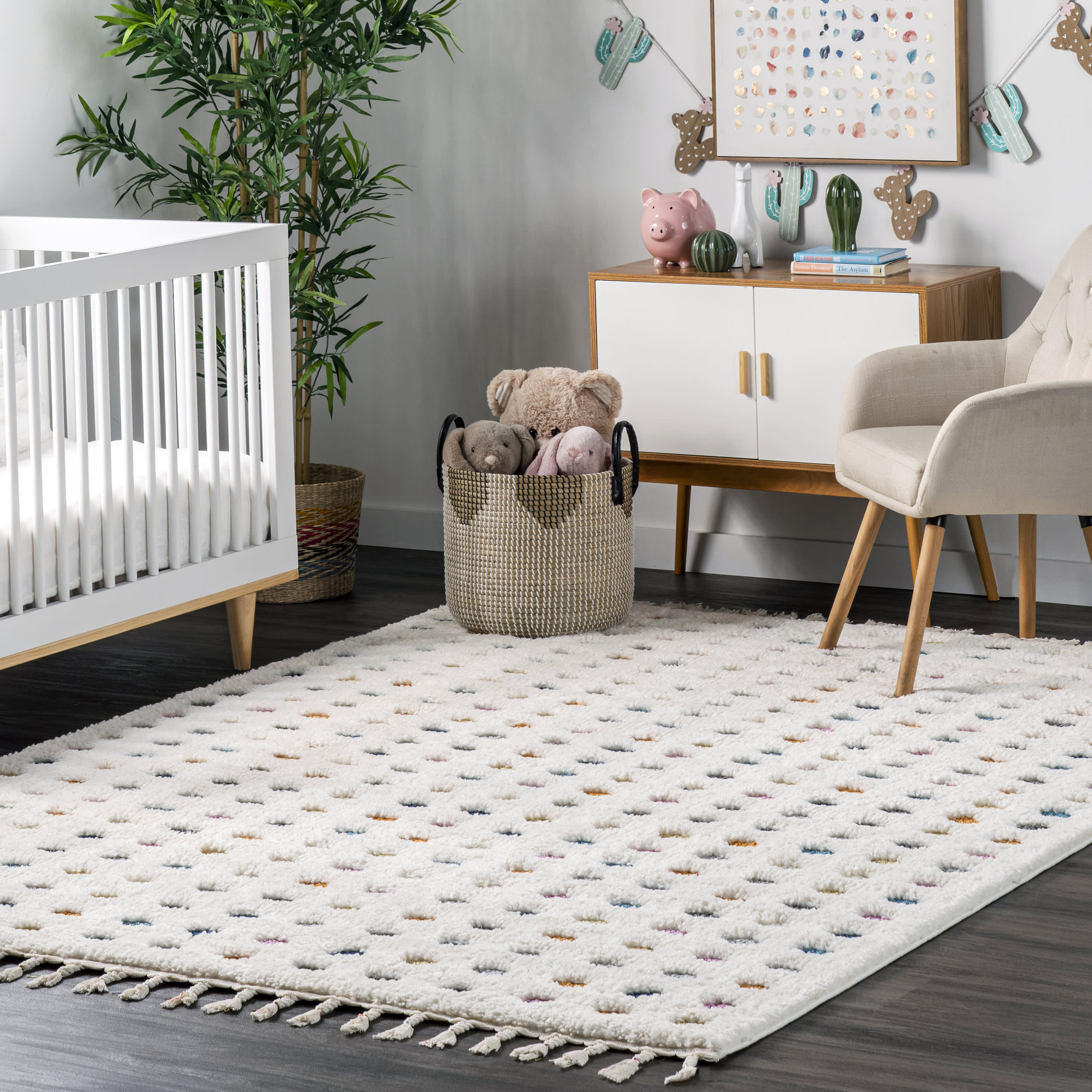 Handmade Carved Polka Dot Shag Rug - Soft Plush Fluffy Area Rug in Off White | Perfect for Living Room, Bedroom, Nursery & Home Decor