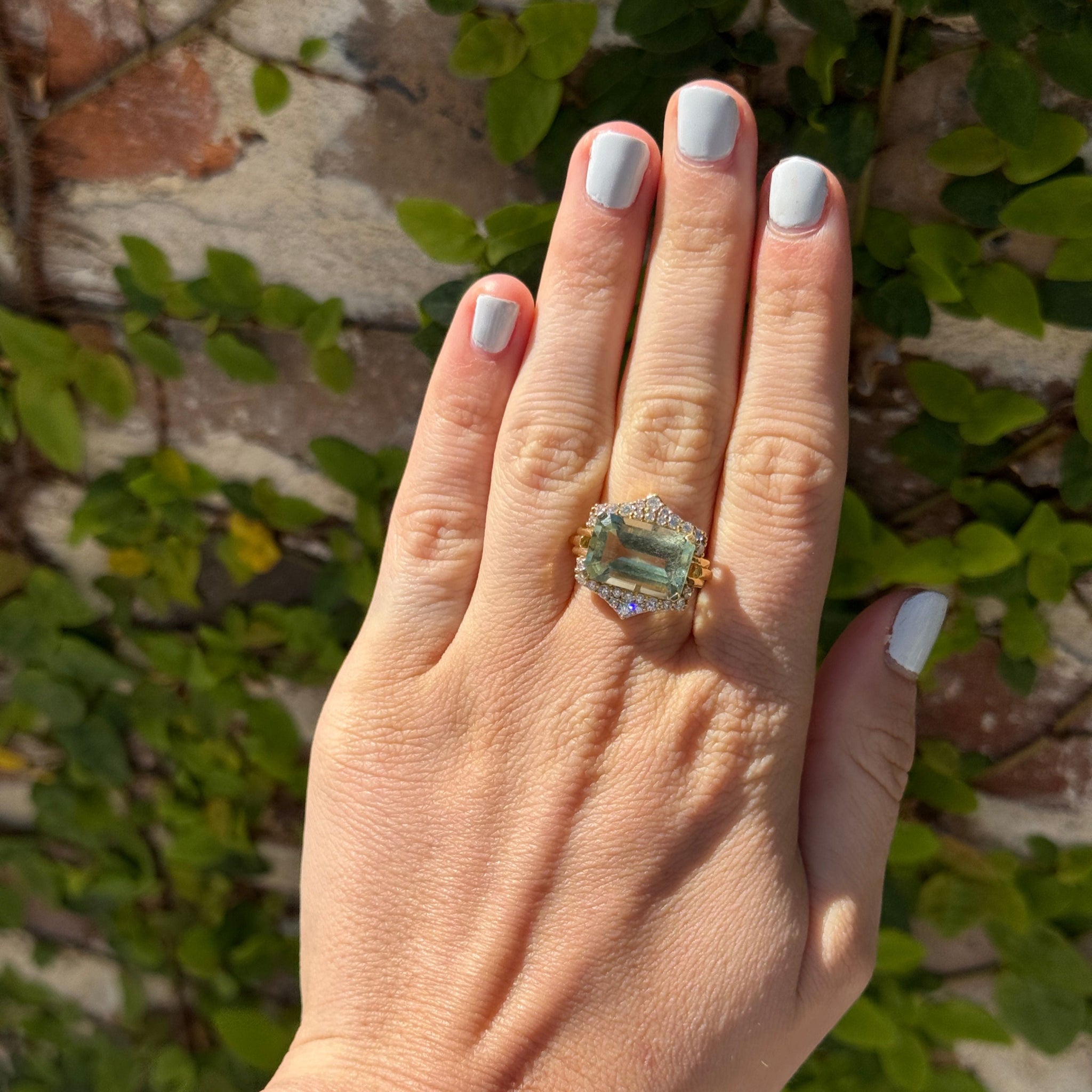 Goshwara Emerald Cut Prasiolite & Diamond 18K Gold Ring for Women – Elegant Green Gemstone Jewelry for Engagement, Wedding, Anniversary & Special Occasions