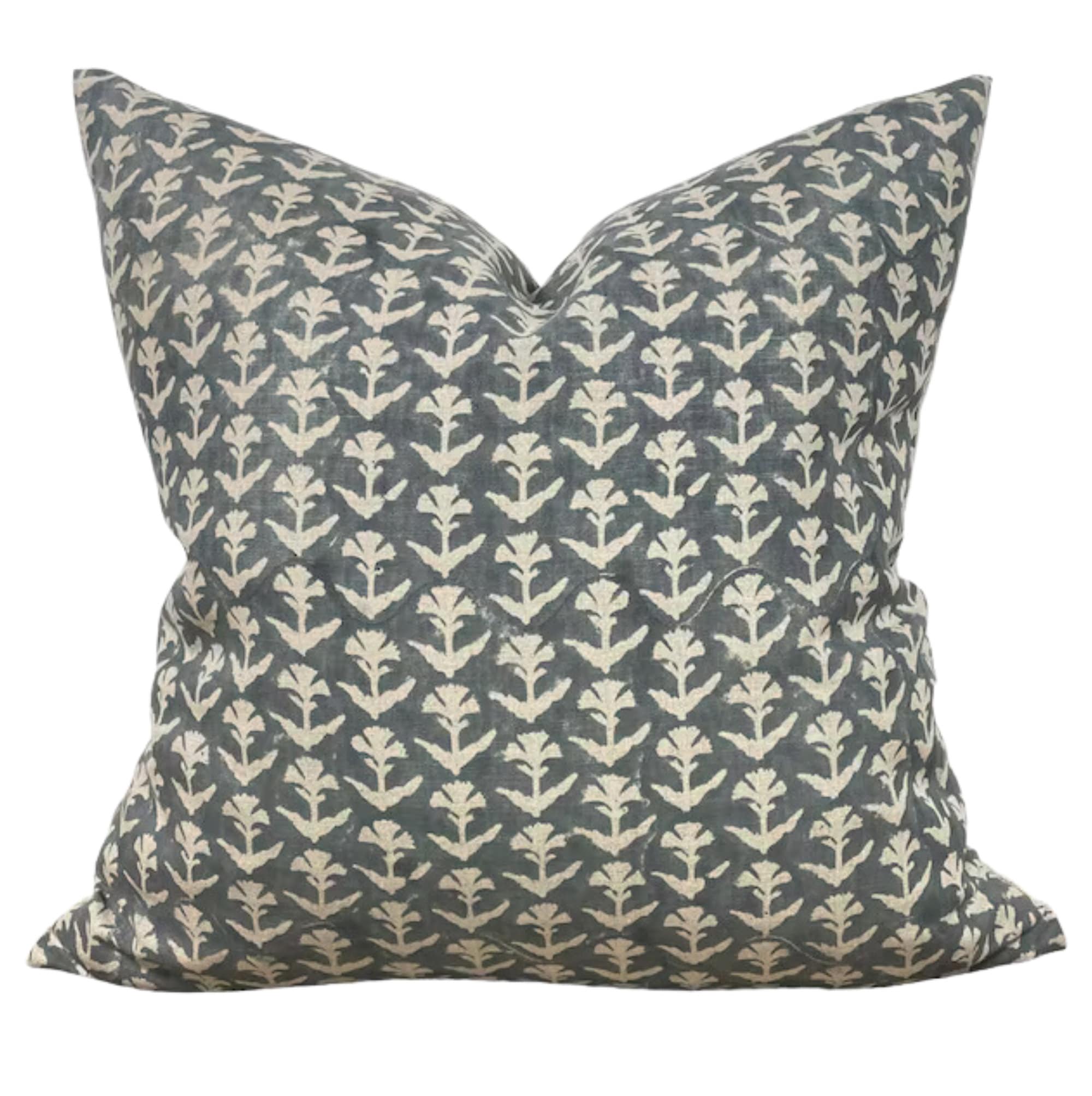 Clovis Block Print Designer Pillow Cover - Gray Blue Bohemian Style Decorative Pillow Case for Sofa, Bed & Home Decor