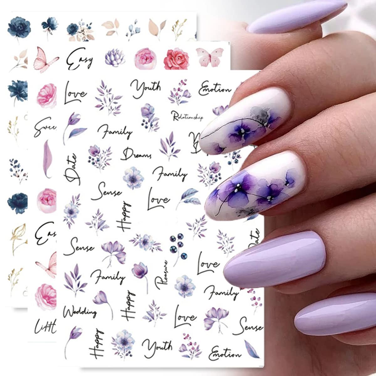 Daisy Floral Nail Stickers - 6 Sheets Cherry Blossom Nail Art Decals, 3D Self-Adhesive Nail Supplies with Summer Flowers, Butterflies & Leaves for Acrylic Nails | Perfect for Manicures, Pedicures, Nail Salons & DIY Home Nail Art