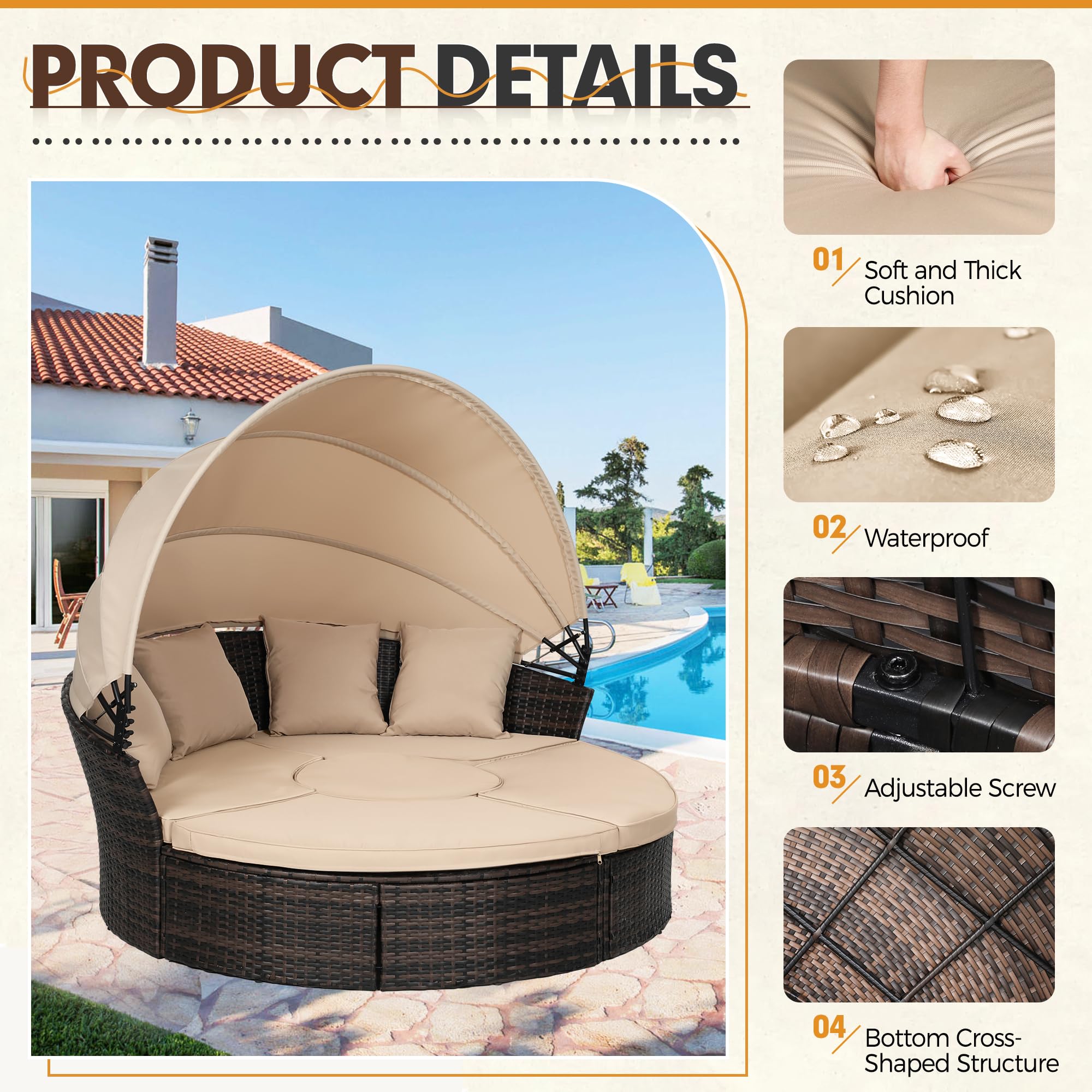 Outdoor Patio Round Daybed with Retractable Canopy - Adjustable Clamshell Sectional Wicker Furniture Set with Washable Cushions - Perfect for Backyard, Porch, Garden & Poolside Lounging - Brown