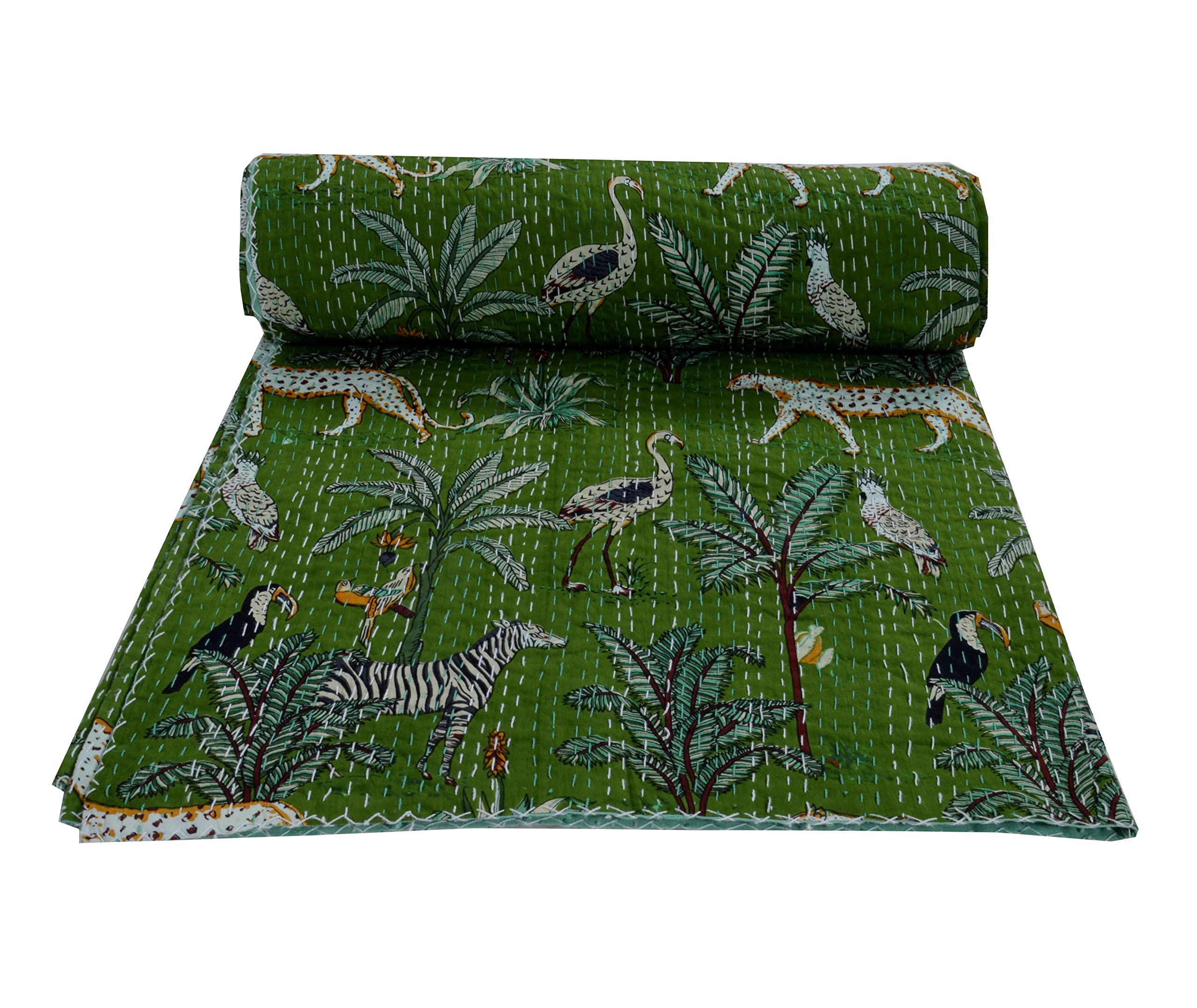 Vintage Indian Floral & Animal Print Kantha Quilt - Reversible Cotton Bedspread for Twin/Queen/King Size (King, Green) | Boho Chic Home Decor, Cozy Bedding for Guest Rooms & Bohemian Style Bedrooms