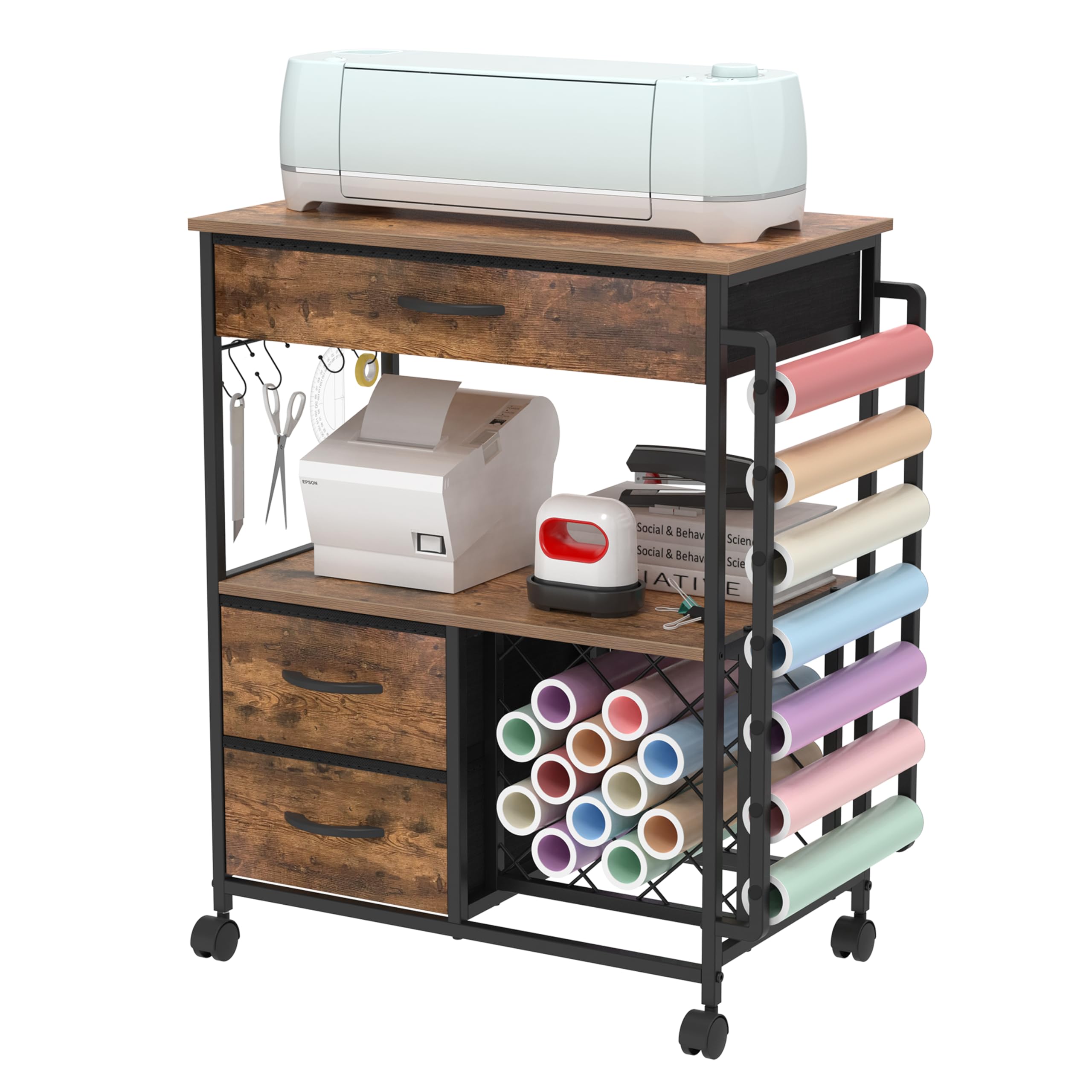 Storage Cart for Cricut Machines - Rolling Craft Cabinet with Drawers & Vinyl Roll Holder - Rustic Brown Cutting Machine Stand - Perfect for Craft Workstations, Scrapbooking & DIY Projects