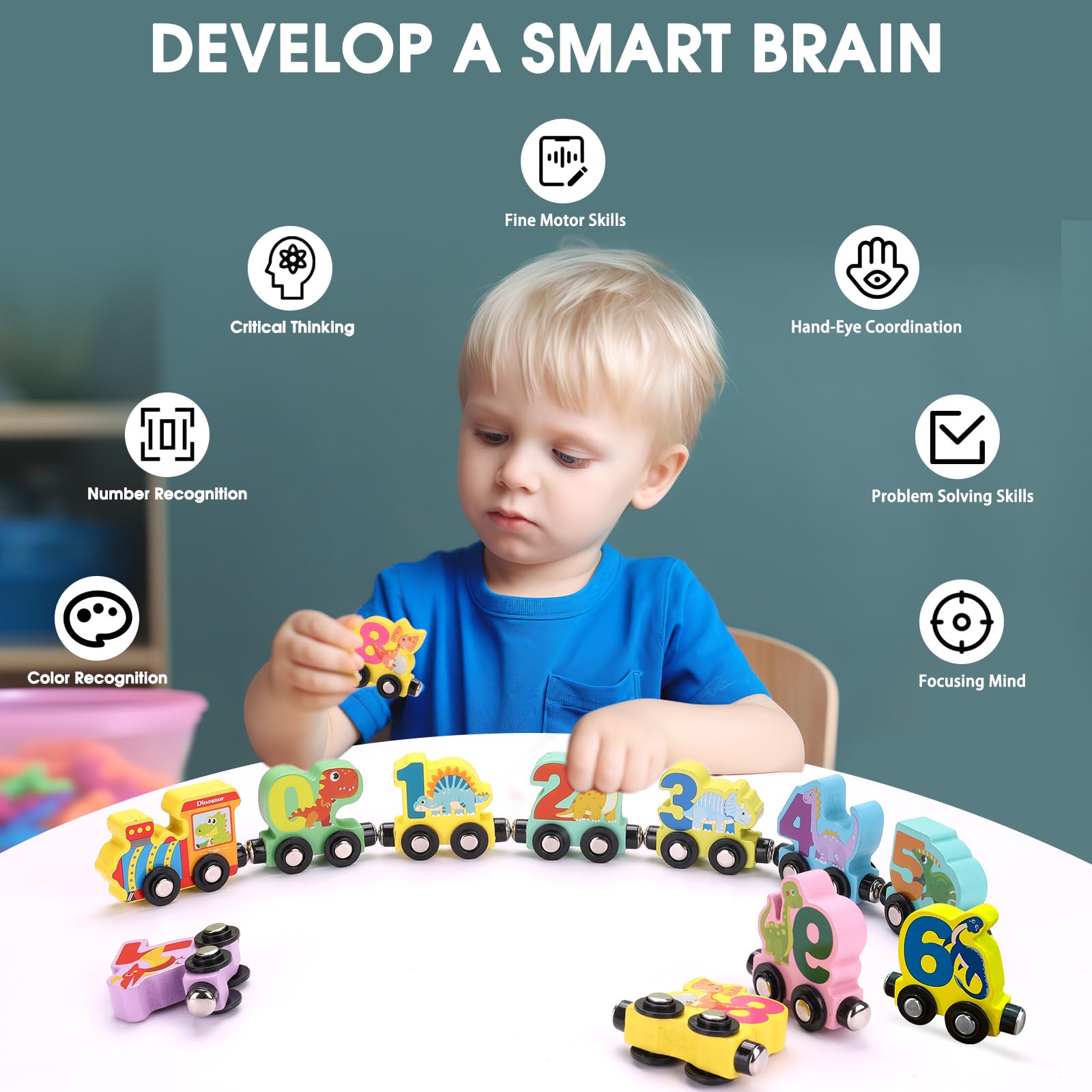 **Magnetic Wooden Dinosaur Train Set for Toddlers 1-4 Years - 11-Piece Montessori Learning Toy with Play Mat & Storage Bag - Perfect Christmas, Birthday, Easter Gift for Kids - Educational Dinosaur Toys for Home & Preschool Play**