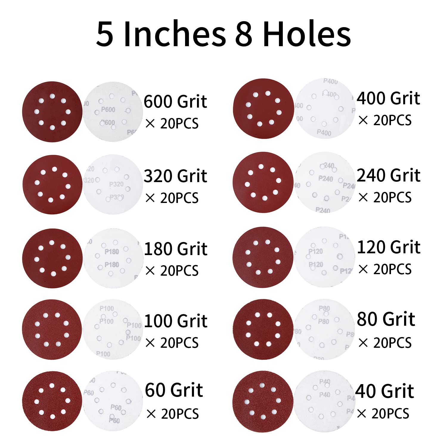 200PCS 5 Inch Hook and Loop Sanding Discs - Assorted Grits (40/60/80/100/120/180/240/320/400/600) for Random Orbital Sanders - Perfect for Woodworking, Metal Polishing & DIY Projects