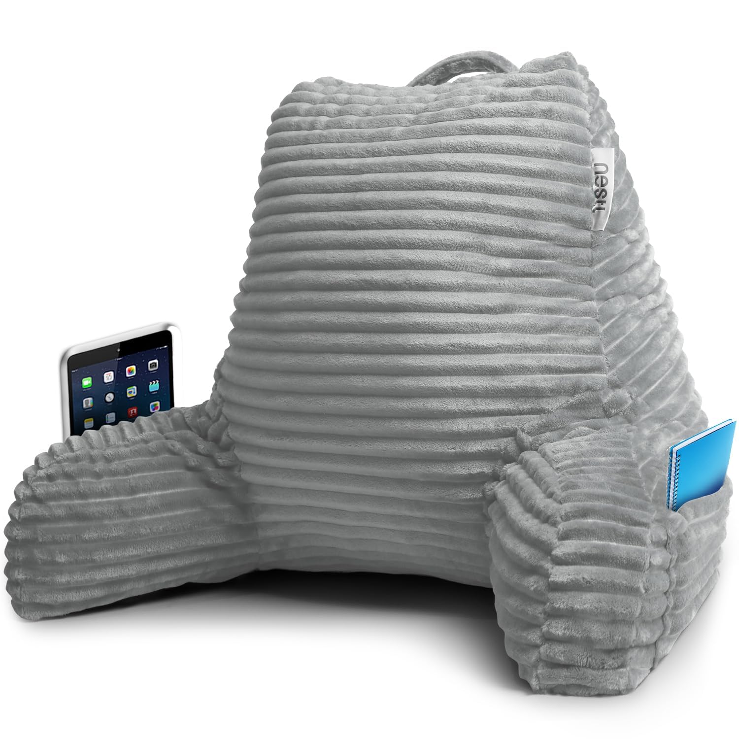 Nestl Reading Pillow for Adults - Plush Back Support Pillow with Shredded Memory Foam, Armrests & Pockets - Perfect for Sitting Up in Bed, Reading, Watching TV, or Relaxing - Silver Bed Rest Pillow