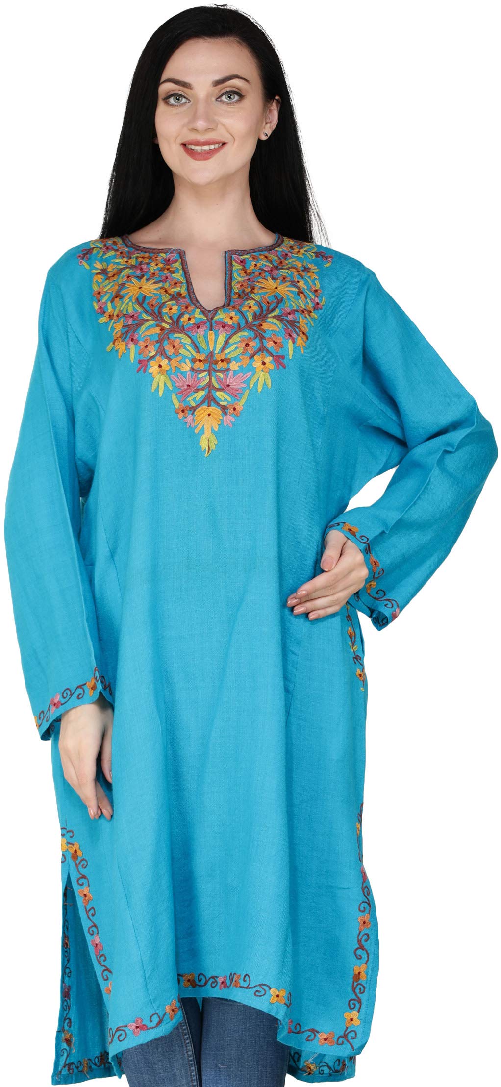 Hand-Embroidered Kashmiri Wool Phiran Shawl with Ari Neck Design - Winter Wear for Women, Perfect for Festivals, Weddings & Cold Weather Fashion