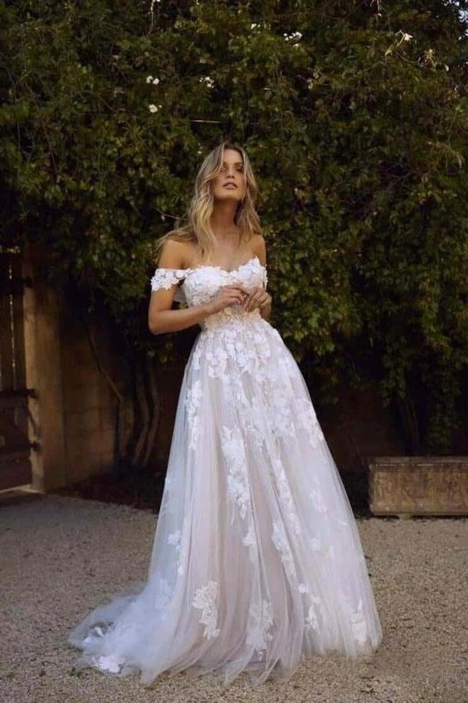 Elegant White Tulle Off-Shoulder A-Line Beach Wedding Dress - Perfect for Outdoor Ceremonies, Destination Weddings & Boho Bridal Style