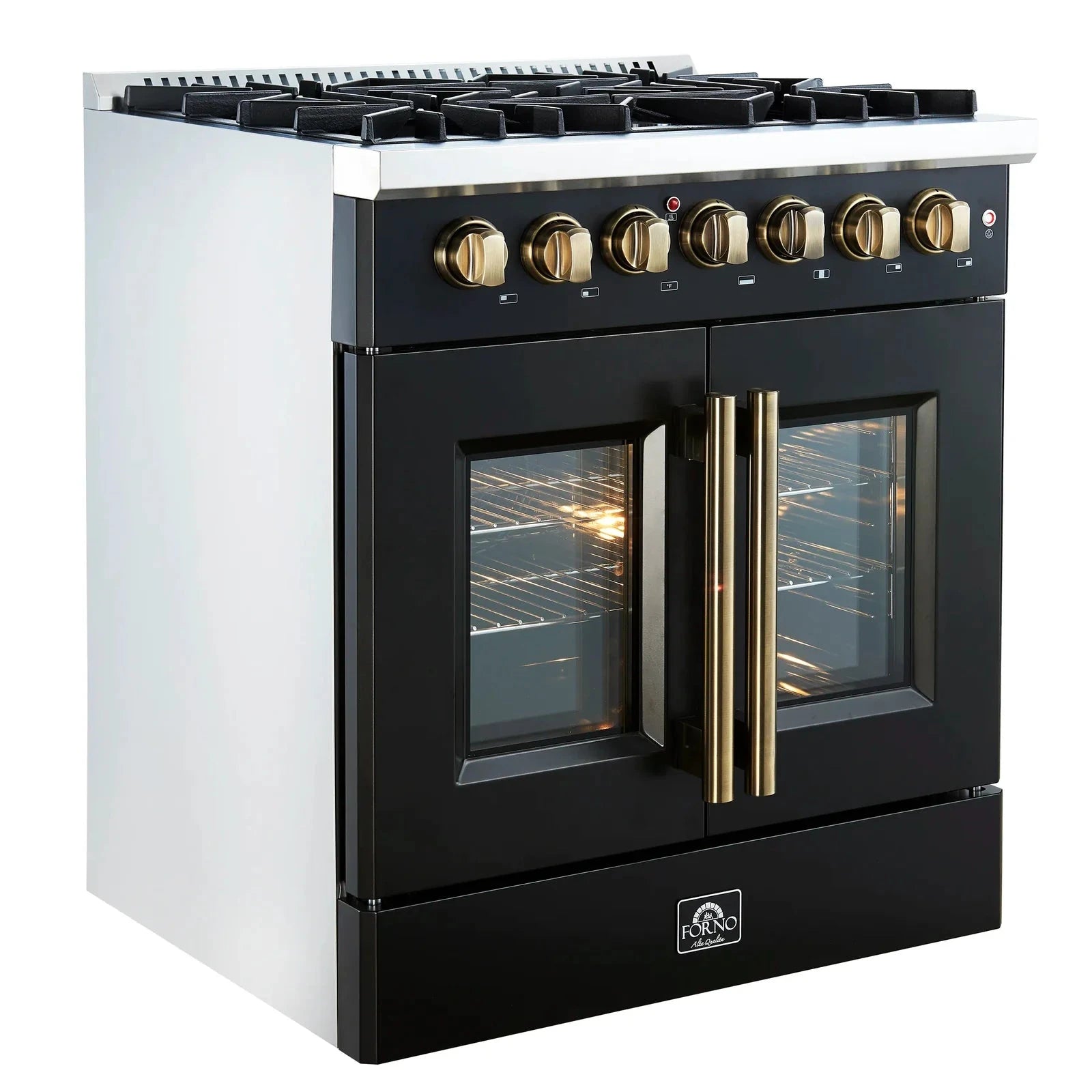 Forno Galiano 30-Inch French Door Dual Fuel Range with 5 Gas Burners & Electric Convection Oven - Black Finish with Antique Brass Trim (Model FFSGS6356 30BLK) - Perfect for Gourmet Cooking, Entertaining & Modern Kitchens