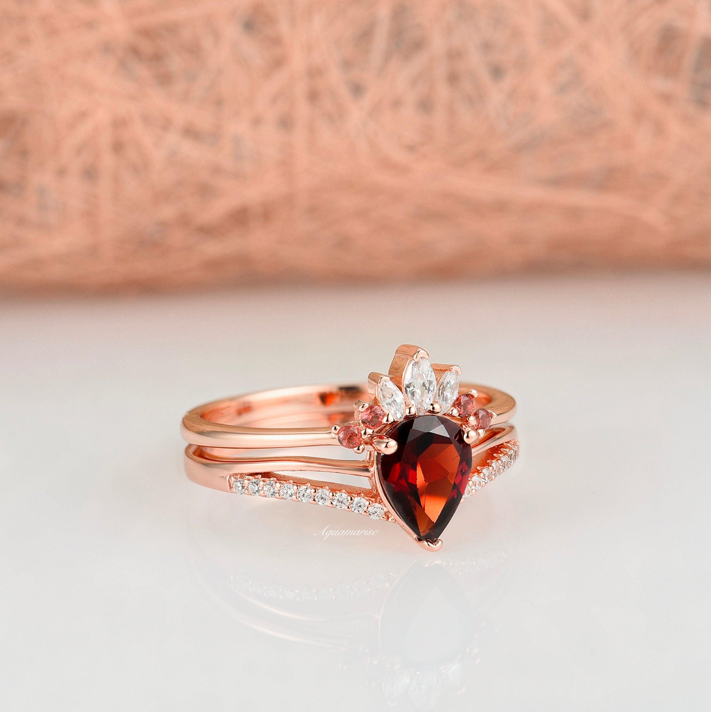 14K Rose Gold Vermeil Dakota Garnet Ring Set for Women - Elegant Stackable Rings for Everyday Wear, Gift Giving & Special Occasions