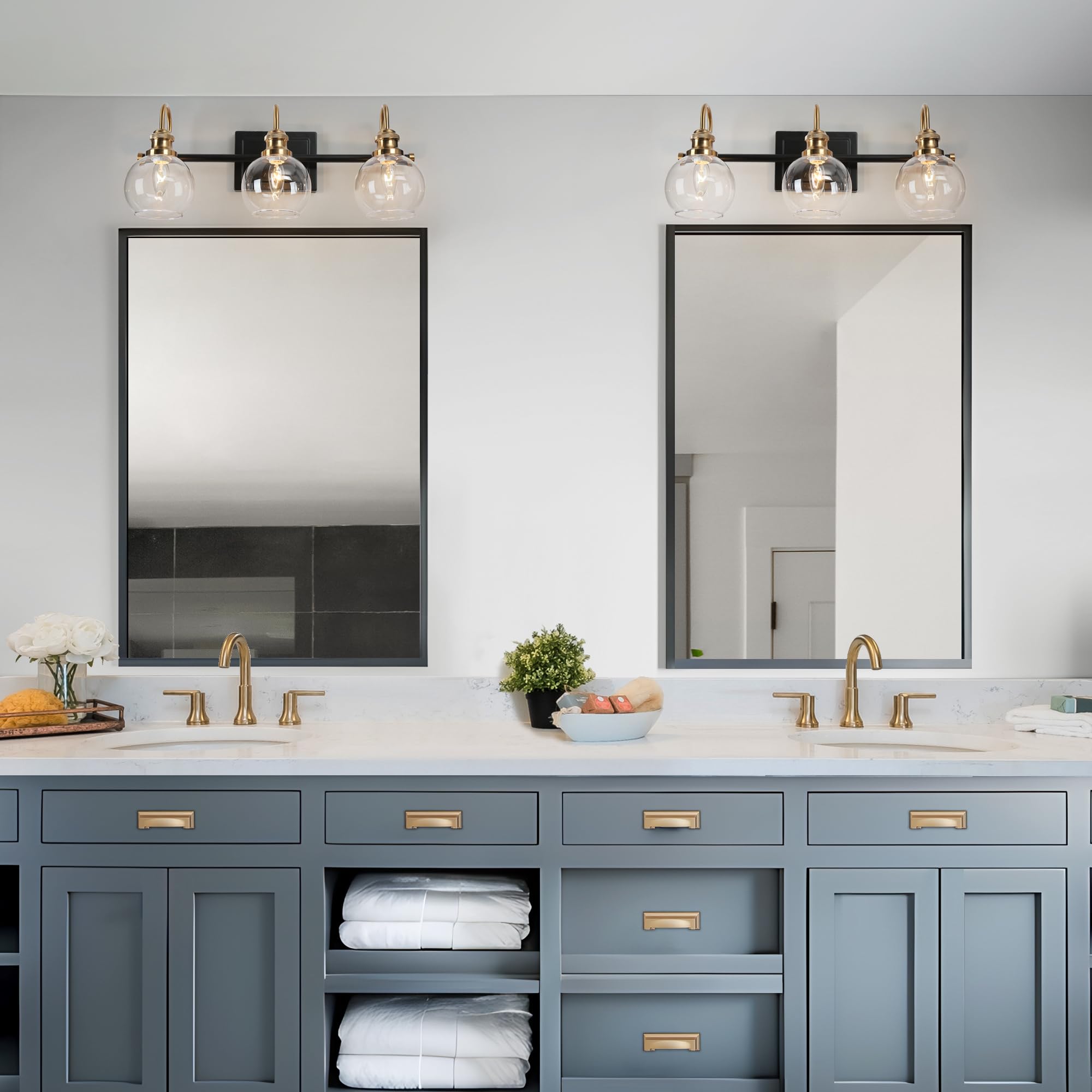 ZEVNI Black Gold Vanity Lights - 3-Light Bathroom Light Fixtures with Clear Glass Globes, 22