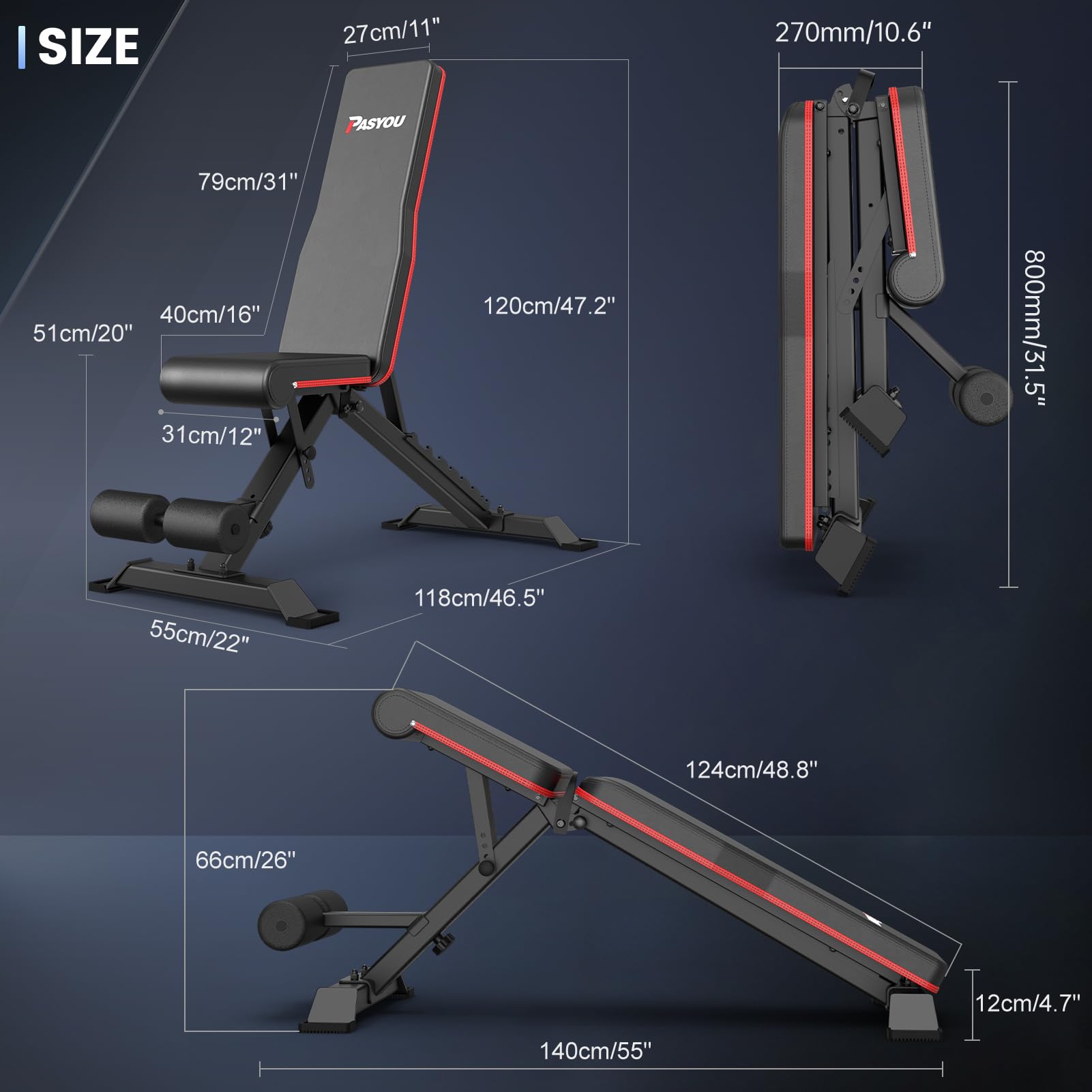 PASYOU Adjustable Weight Bench for Full Body Workout - Foldable Multi-Purpose Home Gym Equipment with Incline & Decline Settings - Perfect for Strength Training, Cardio, and Home Fitness Routines