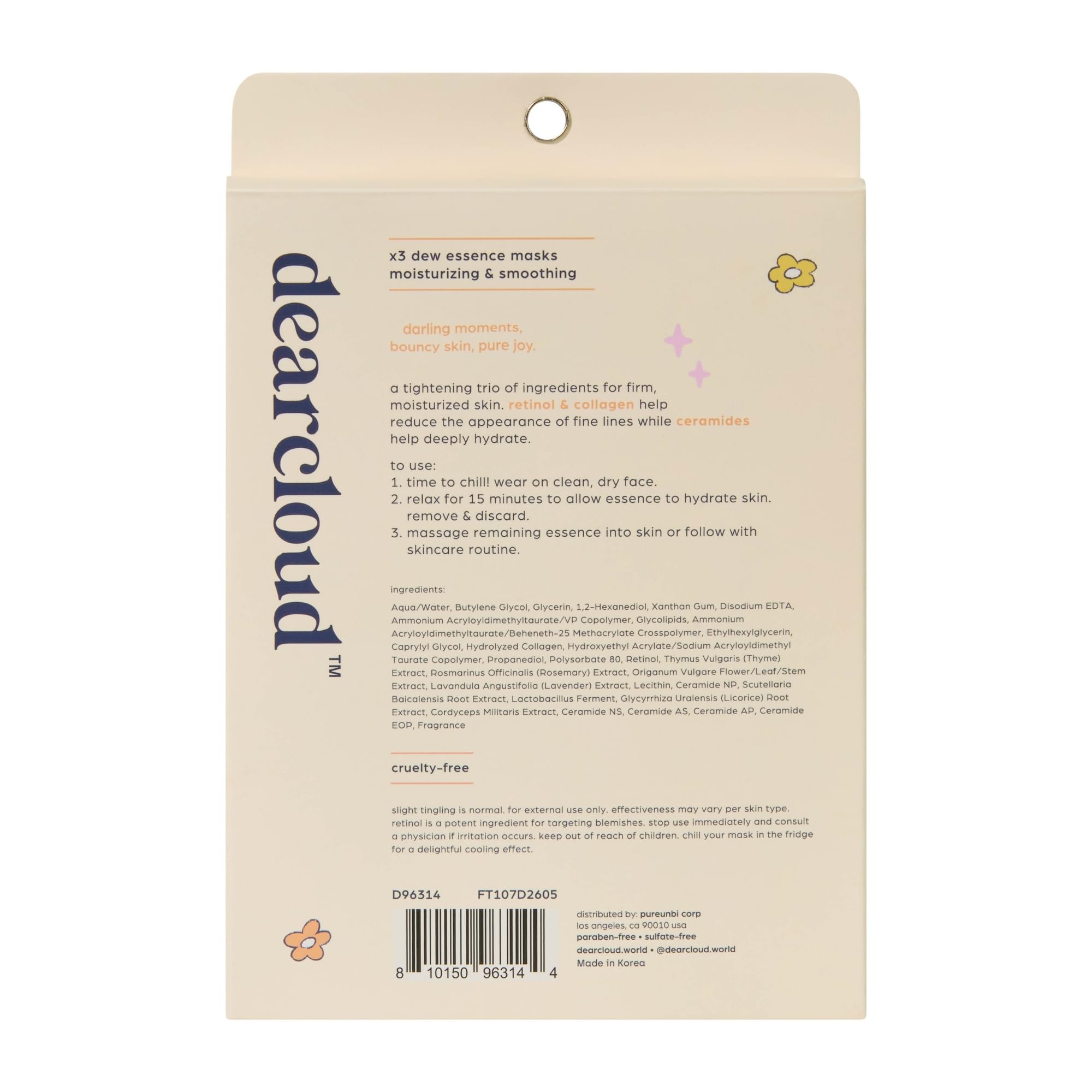 Hoppy Skin Firm Renewal Dew Essence Face Mask - Korean Sheet Mask with Collagen, Retinol & Ceramides for Hydration & Anti-Aging (3 Pack) | Perfect for Nighttime Skincare Routine & Spa Day Self-Care