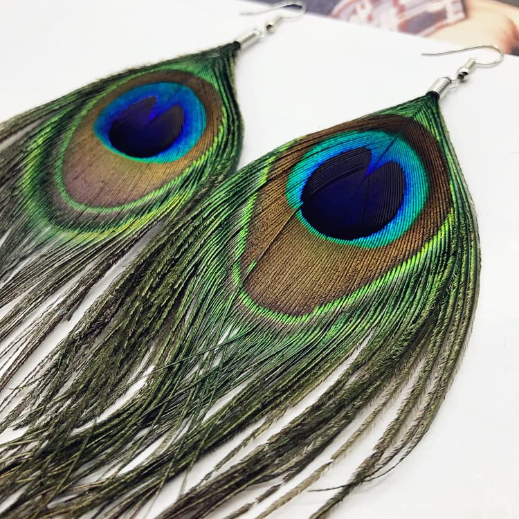 Bohemian Peacock Feather Earrings and Necklace Set - Natural Lightweight Dangle Drop Earrings for Women - Perfect for Festivals, Parties, and Boho Fashion Accessories