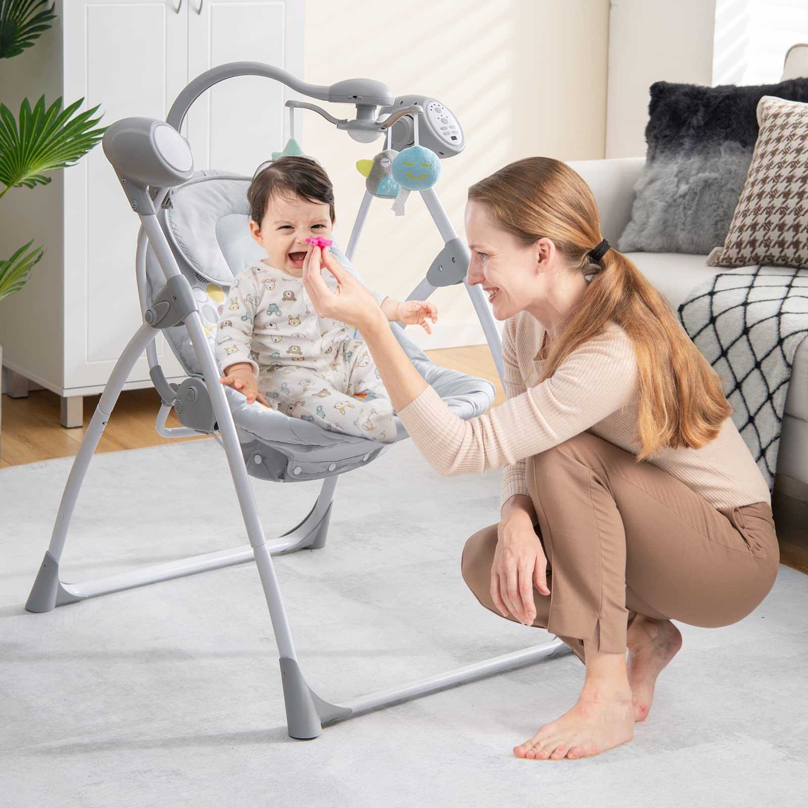 BABY JOY Baby Swing - Portable Electric Infant Rocker with 5 Speed Settings, 3-Position Recline, Timer & Soothing Sounds - Compact Nursery Swing for Newborns (Grey) | Perfect for Bedroom, Living Room & Travel