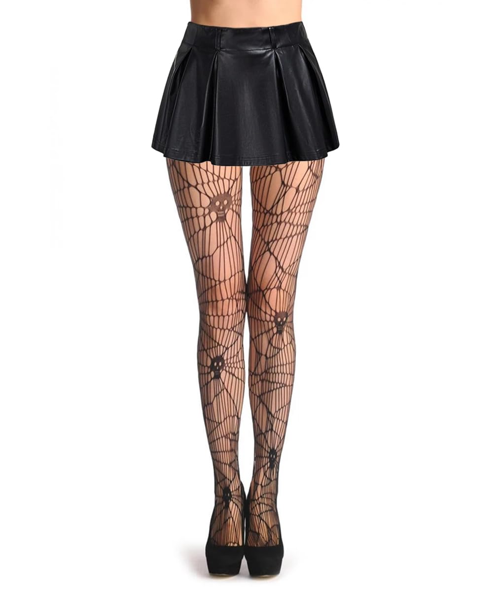 Women's Halloween Stockings - Skull & Spider Web Fishnet Tights for Costume Party, Cosplay, and Gothic Fashion (Black)