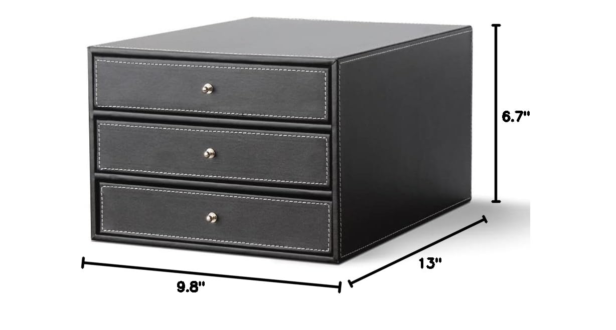KINGFOM 3-Drawer Wooden File Cabinet - 3-Tier Leather Desk Organizer for Documents, Folders & Office Supplies - Black (Style B) - Perfect for Home Office, Study & Workspace Organization