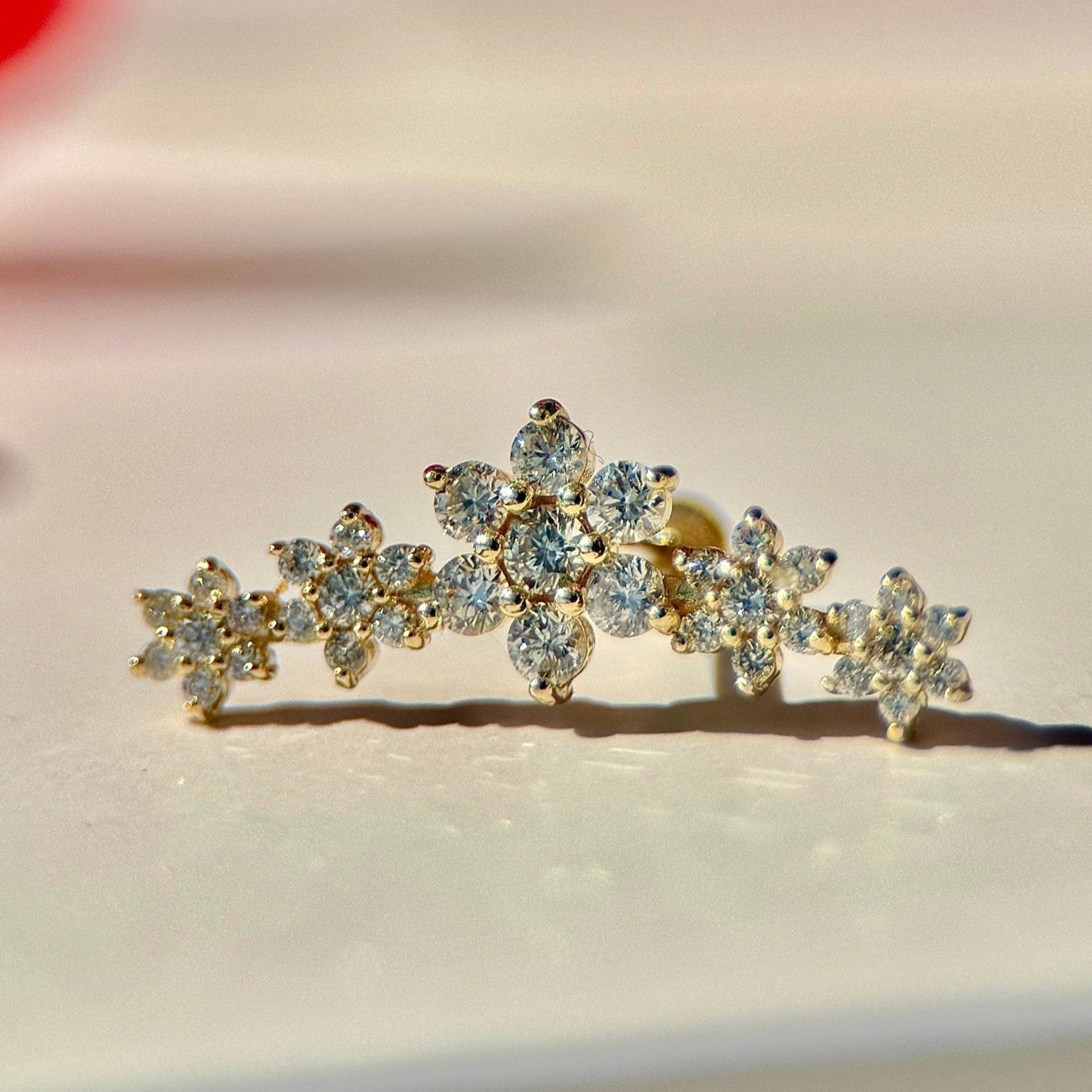 14K Yellow Gold Five Flower Diamond Stud Earrings - Dainty Floral Flat Back Ear Studs for Women, Perfect for Weddings, Parties & Everyday Wear