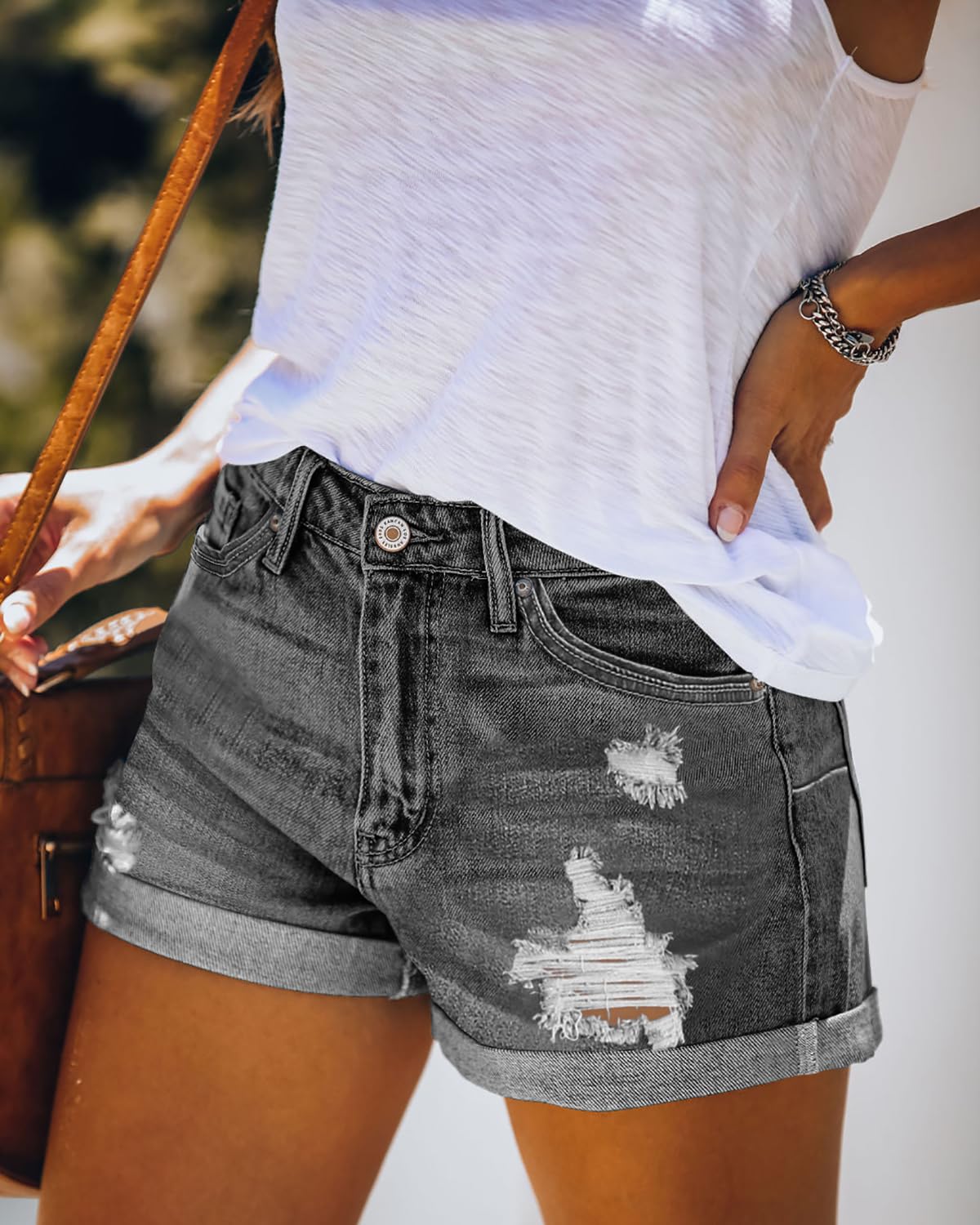 CHICZONE Women's Mid-High Rise Ripped Denim Shorts - Stretchy Distressed Jean Shorts for Summer | Casual Outfit, Beach Wear & Street Style