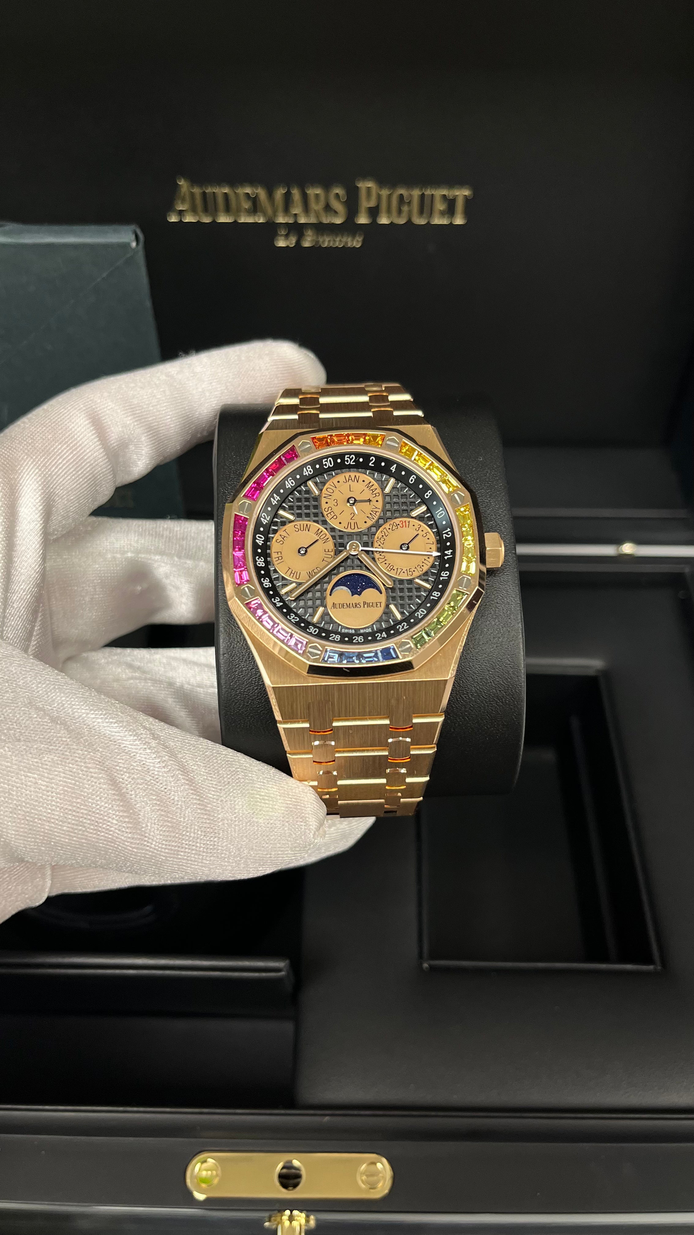 Audemars Piguet Royal Oak Perpetual Calendar 41mm 18K Rose Gold Watch with Rainbow Gemstones - Limited Edition of 20 Pieces (Ref. 266140) - Luxury Collector's Timepiece for Special Occasions & Investment