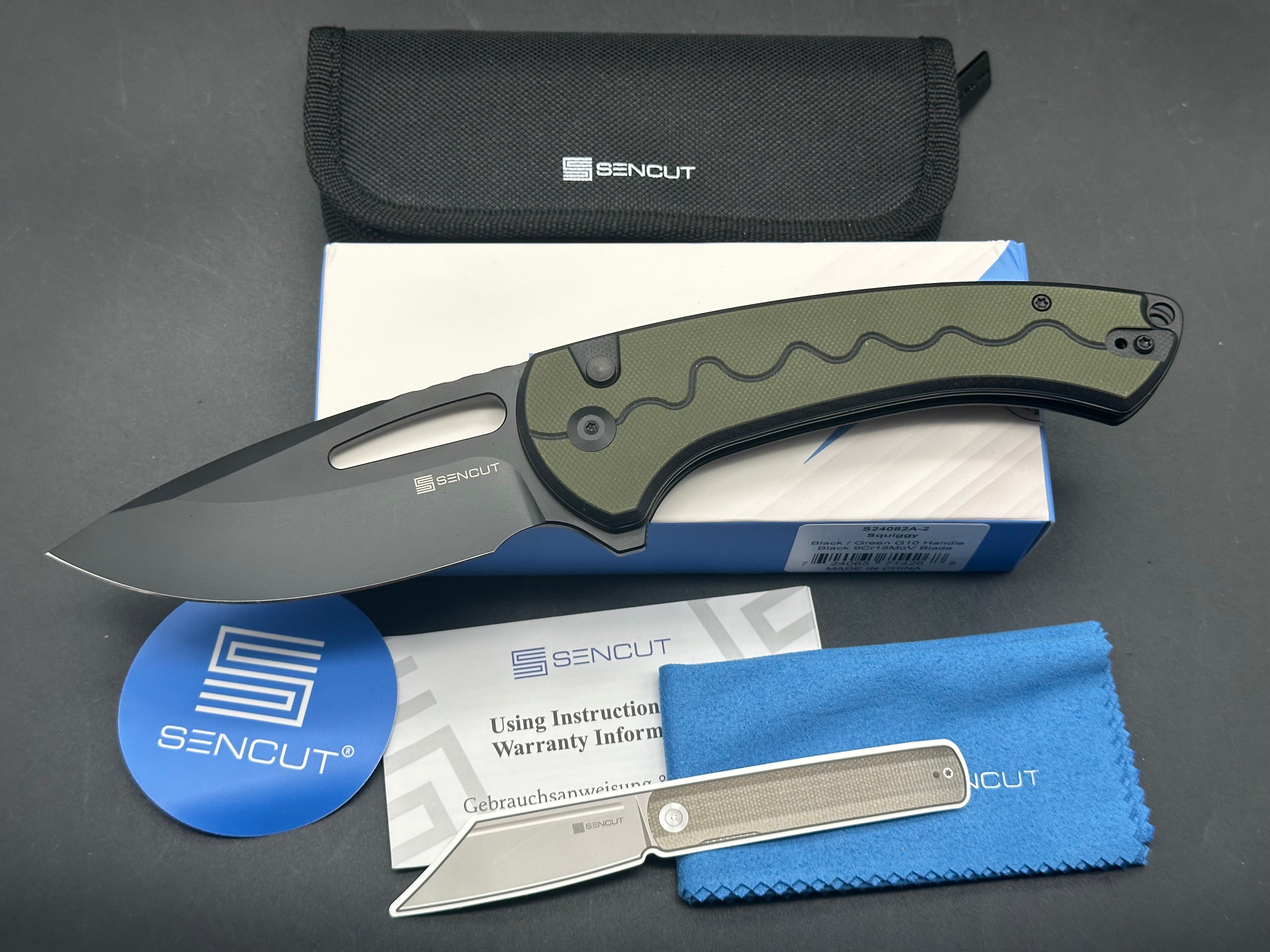 SENCUT SQUIGGY Folding Pocket Knife - 9CR18MOV Black Blade with Black/Green G10 Handle - EDC, Camping, Hiking & Outdoor Survival Tool