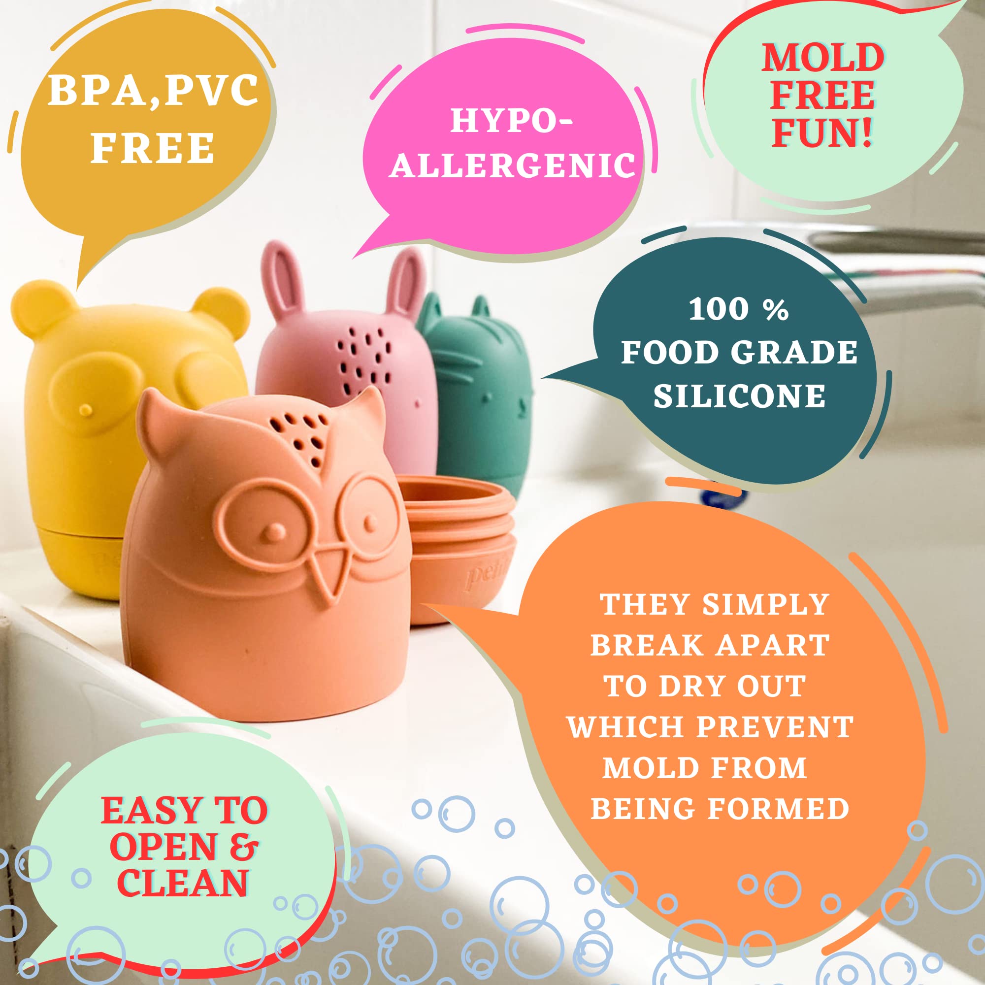 Bumble Bear Silicone Bath Toys for Babies 6-12 Months & Toddlers 1-3 Years - Non-Toxic, Mold-Free, Dishwasher Safe Infant Bathtub & Pool Water Toys (Coral) - Perfect for Sensory Play, Bath Time Fun, and Early Learning Development