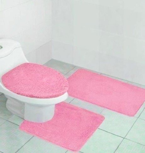 Non-Slip 3-Piece Bathroom Rug Set - Soft Solid Color Bath Mat, Contour Mat & Toilet Lid Cover with Rubber Backing | Light Pink Bathroom Decor for Modern Homes | Perfect for Bathroom Safety and Style