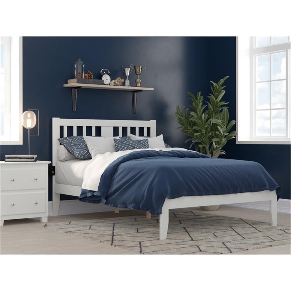 BOWERY HILL Full Size Spindle Bed Frame with USB Turbo Charging Ports - White Wooden Platform Bed for Modern Bedroom & Guest Room