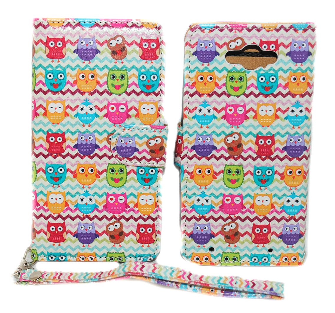 Colorful Owl Rainbow Chevron Design Leather Wallet Case for Samsung Galaxy Grand Prime G530 with Kickstand - Perfect for Everyday Use, Travel & Gift Giving
