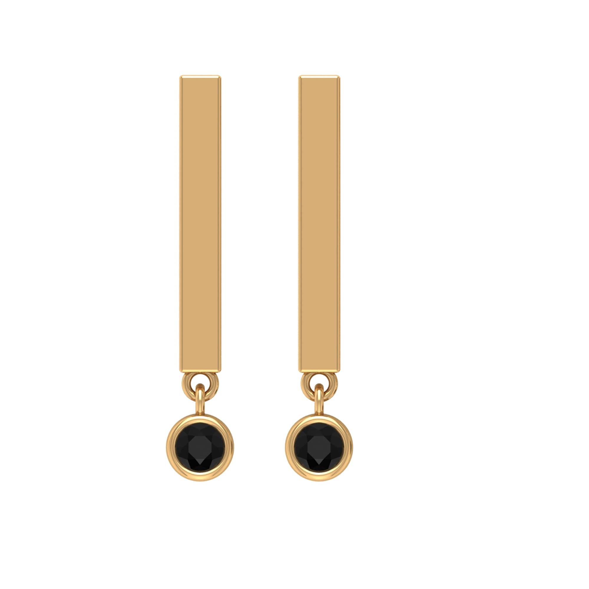 14K Solid Gold Black Onyx Drop Earrings for Women - Round Bezel Set Onyx & Gold Bar Dangle Earrings - Elegant Jewelry for Parties, Weddings & Special Occasions