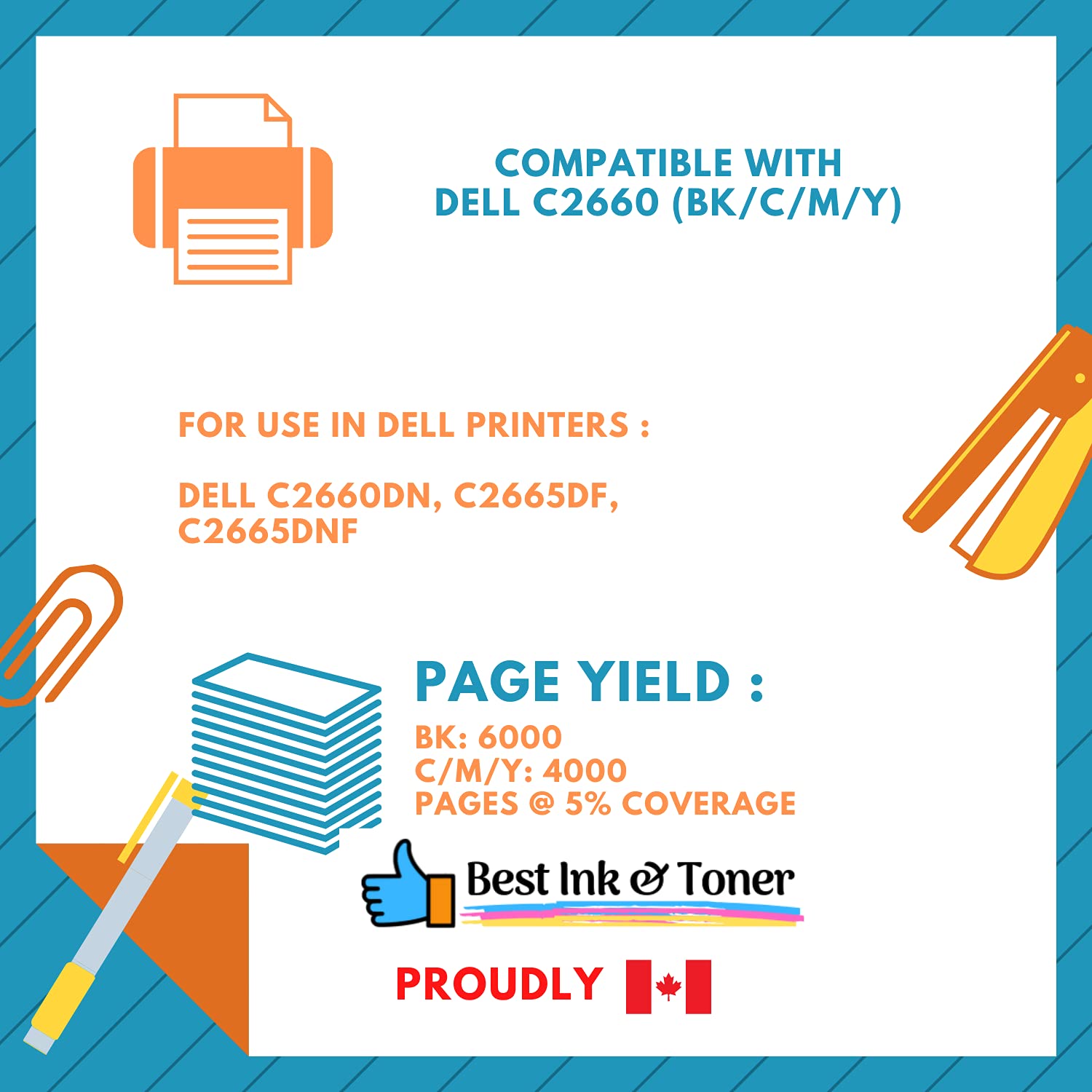 Dell C2660 C2665dnf Compatible Toner Cartridge 4-Pack (Black, Cyan, Magenta, Yellow) - Replacement for 593-BBBU, 593-BBBT, 593-BBBS, 593-BBBR - Perfect for High-Volume Office Printing & Professional Documents