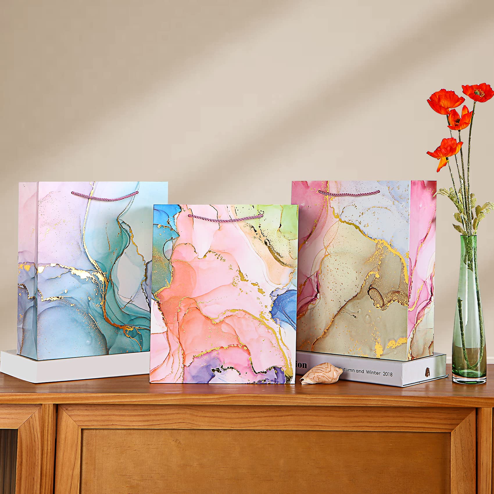 12-Pack Medium Marble Foil Gift Bags (12.6 Inch) - 4 Assorted Elegant Designs for Christmas, Weddings, Birthday Parties & Special Occasions | Premium Bulk Party Favor Bags for Gifts, Favors & Celebrations