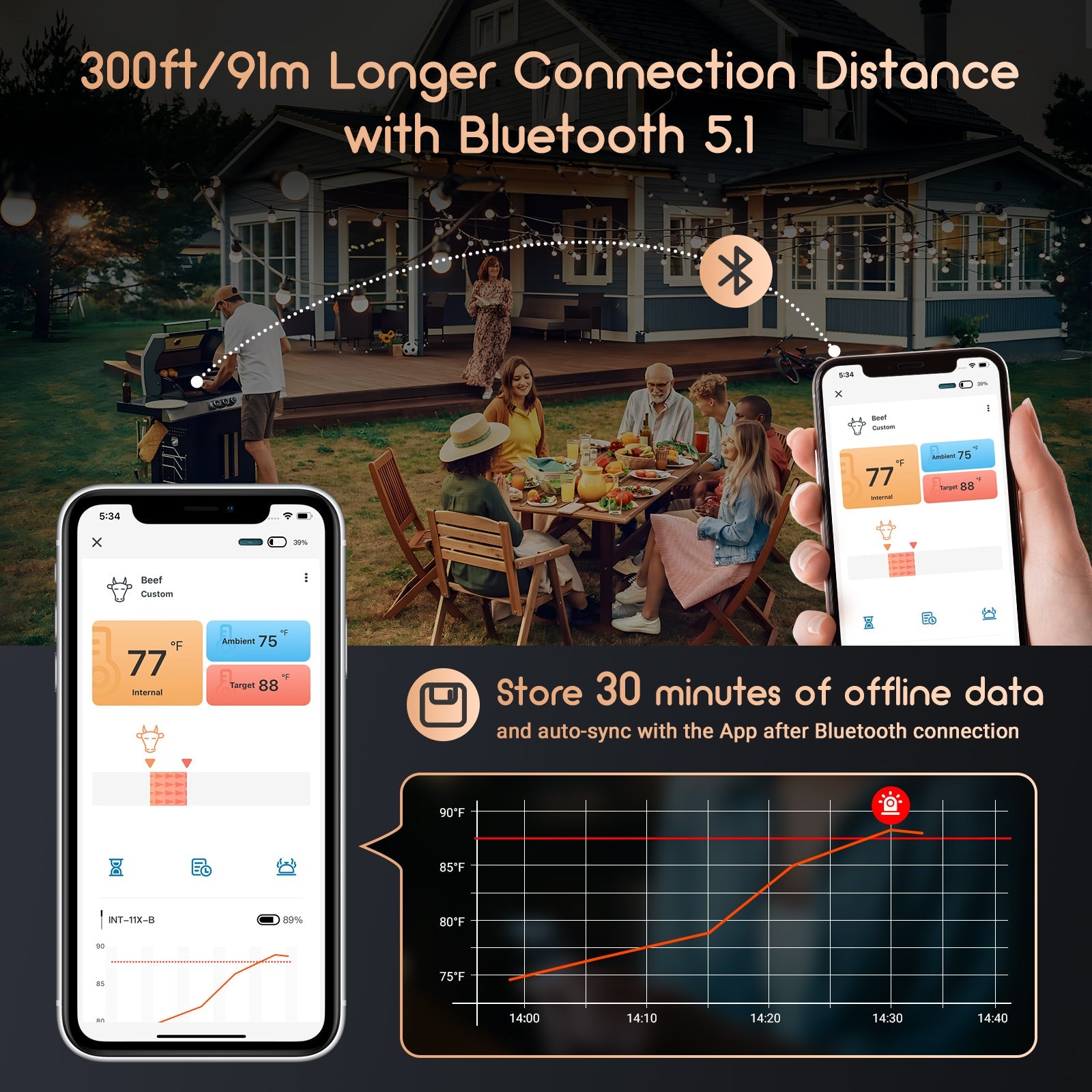 Wireless Bluetooth Meat Thermometer for Grilling, Smoking & BBQ - INT 11X B - Perfect for Steak, Chicken, Turkey & Outdoor Cooking