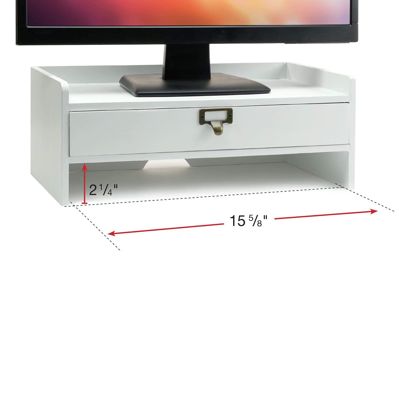 Excello Wooden Monitor Stand with Drawer - White Desktop Organizer for Notebooks, Pens, Pencils & Office Supplies | Perfect for Home Office, Workstation & Computer Desk Setup