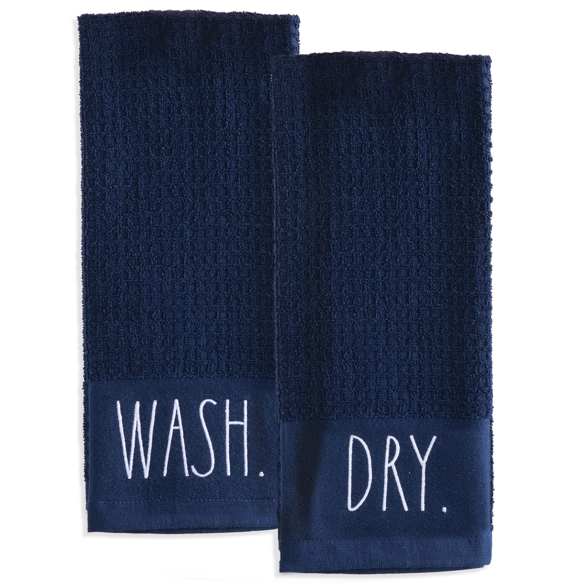 Rae Dunn 2-Pack 100% Cotton Embroidered Hand Towels for Kitchen & Bathroom - Soft Absorbent Dish Towels & Decorative Towels in Navy - Machine Washable - Perfect for Cooking, Cleaning & Home Decor